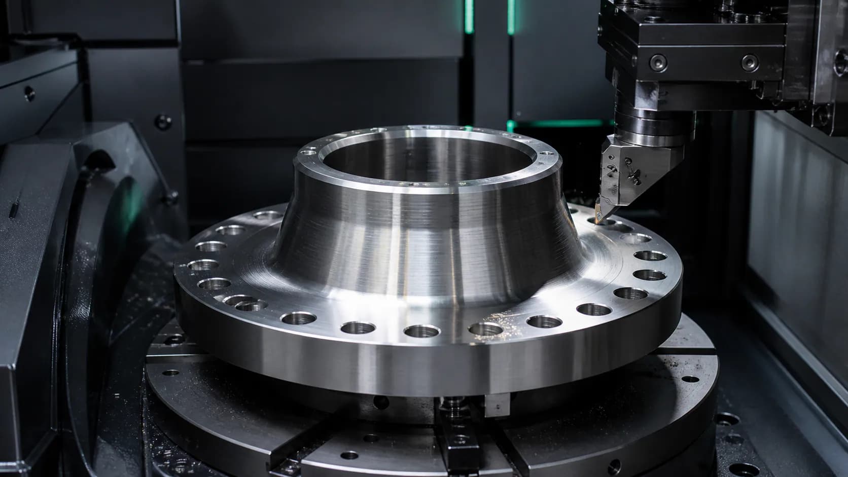 Illustrative precision machining of a large alloy weld neck flange in a CNC machining environment