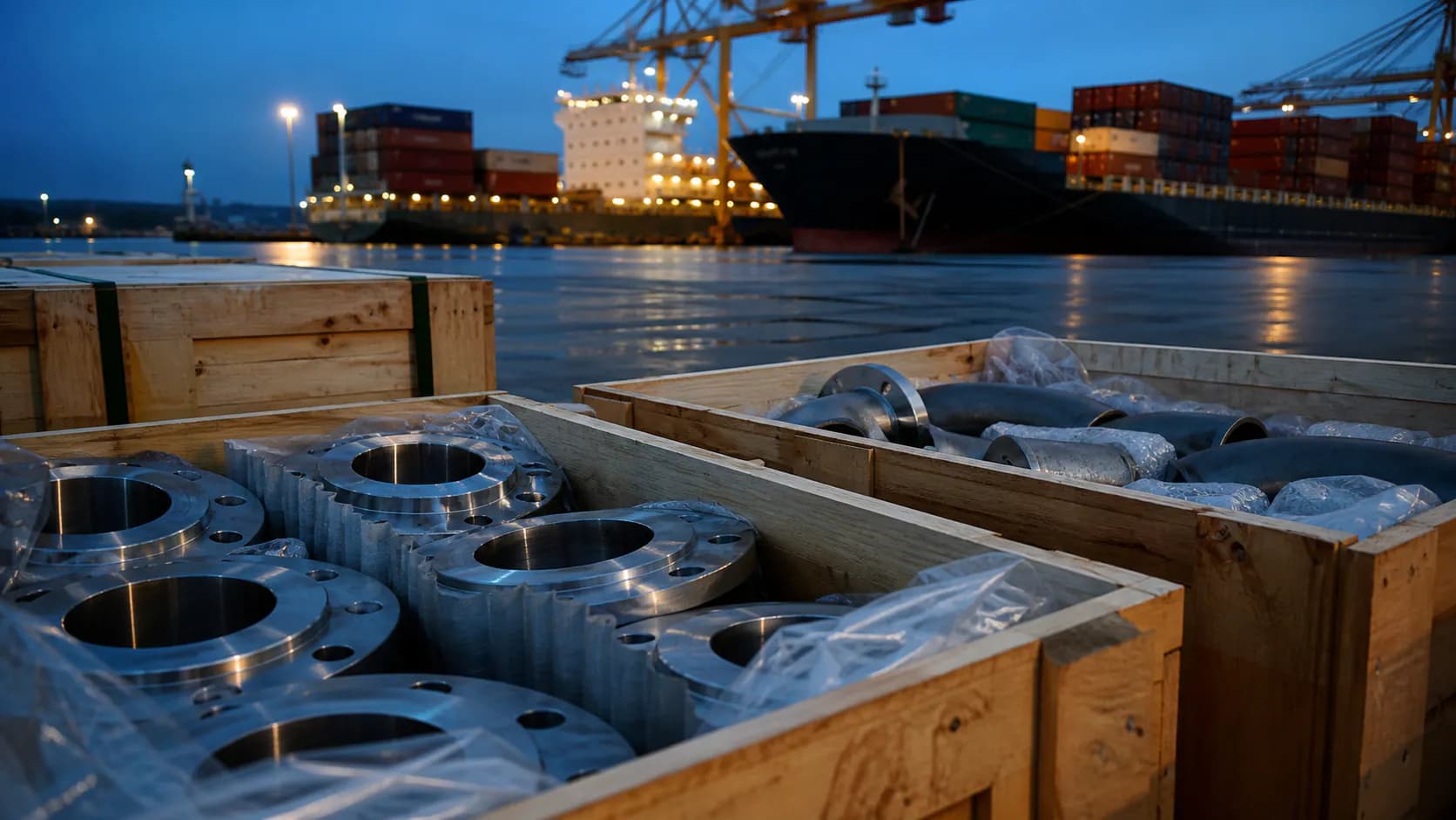 Illustrative protected alloy flanges and fittings in export crates at a cargo port