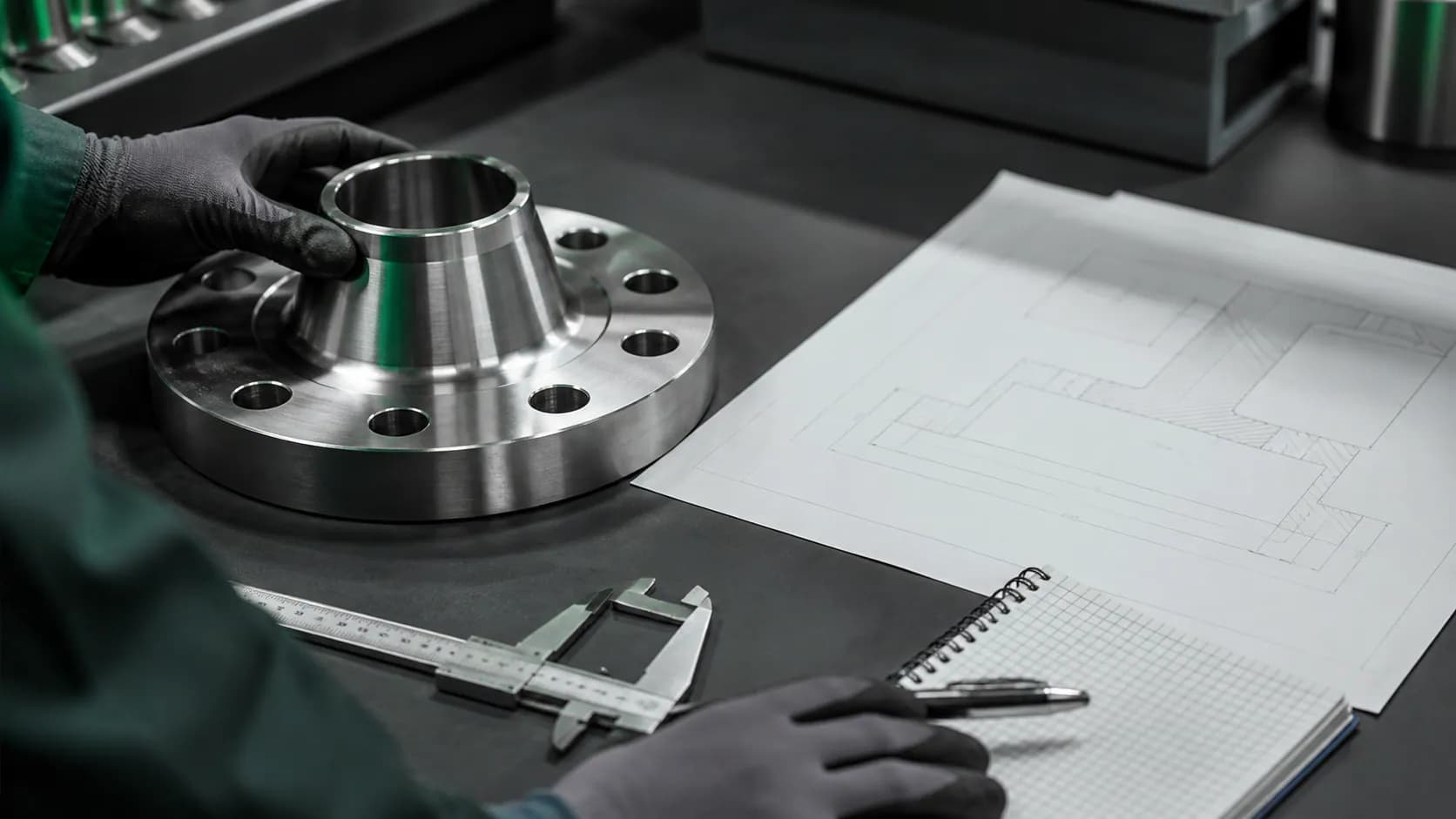 Illustrative technical review of a machined alloy flange beside a drawing and measurement tools