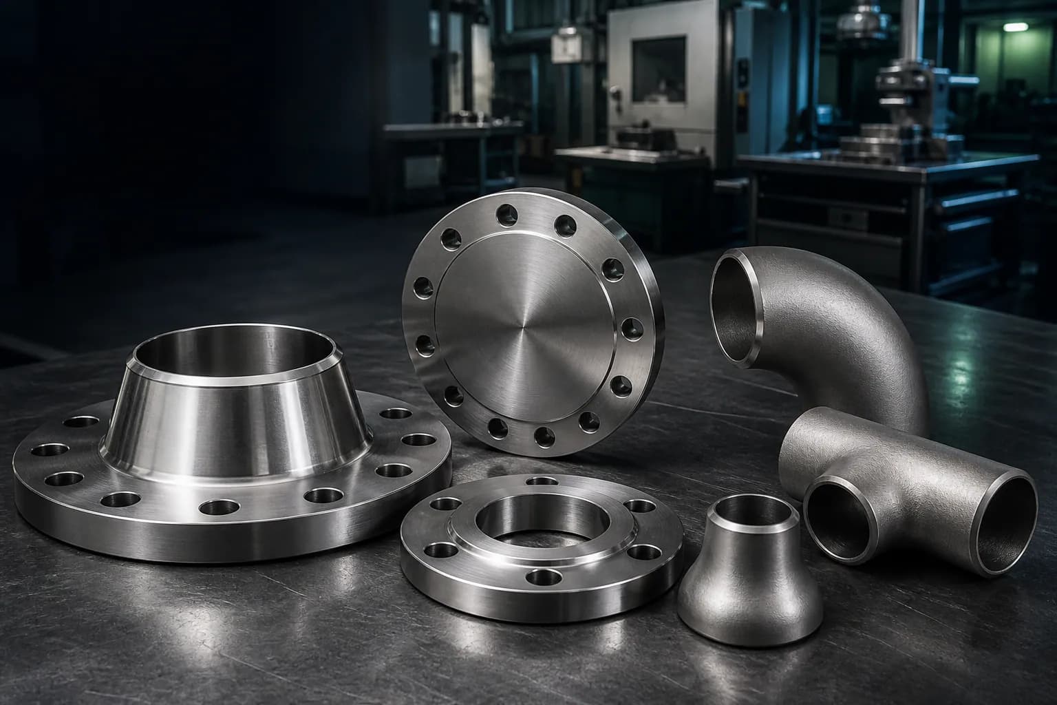 Illustrative completed alloy flanges and pipe fittings arranged in a precision engineering setting
