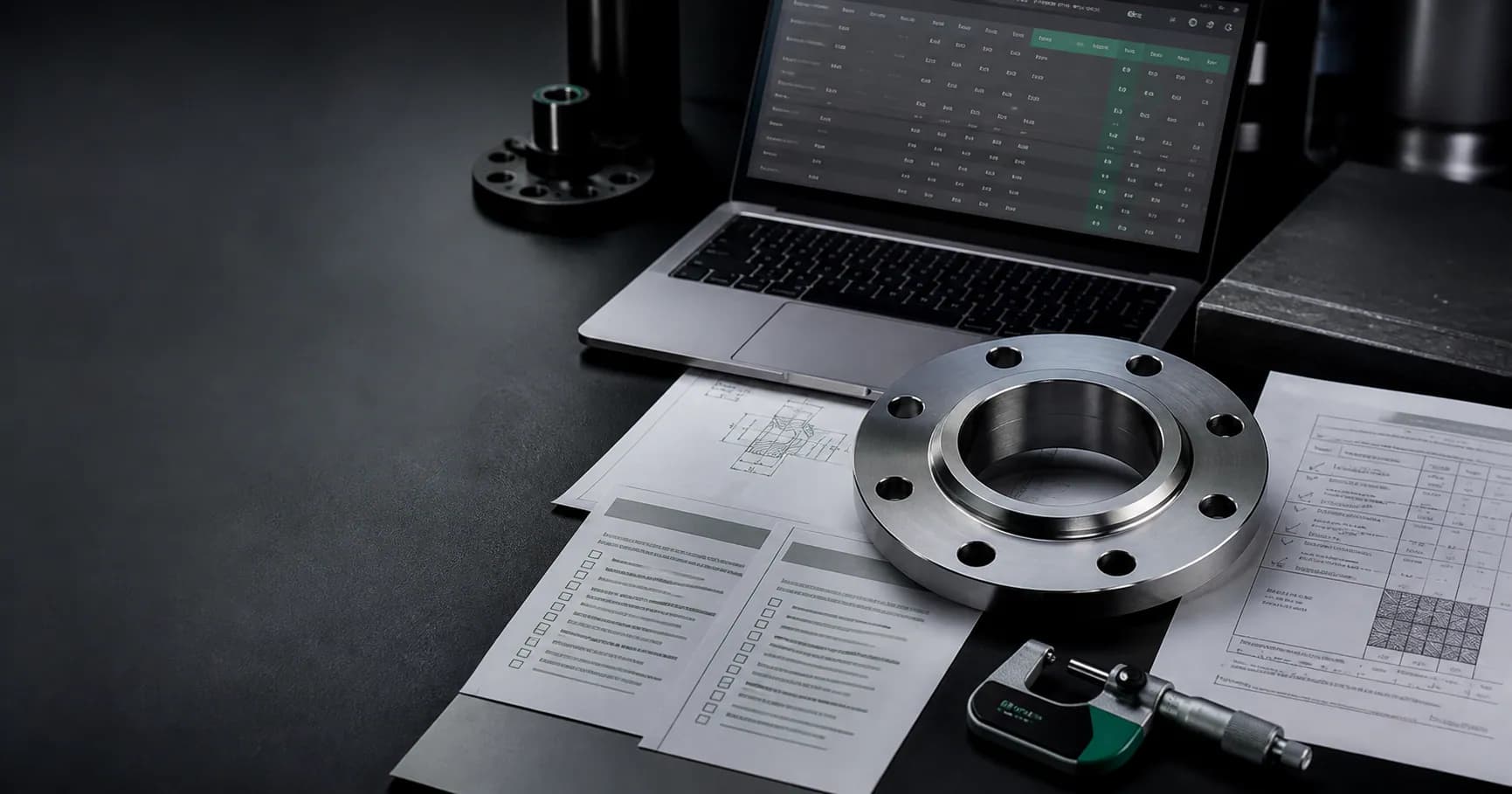 Illustrative alloy flange, RFQ checklist, and technical procurement workspace