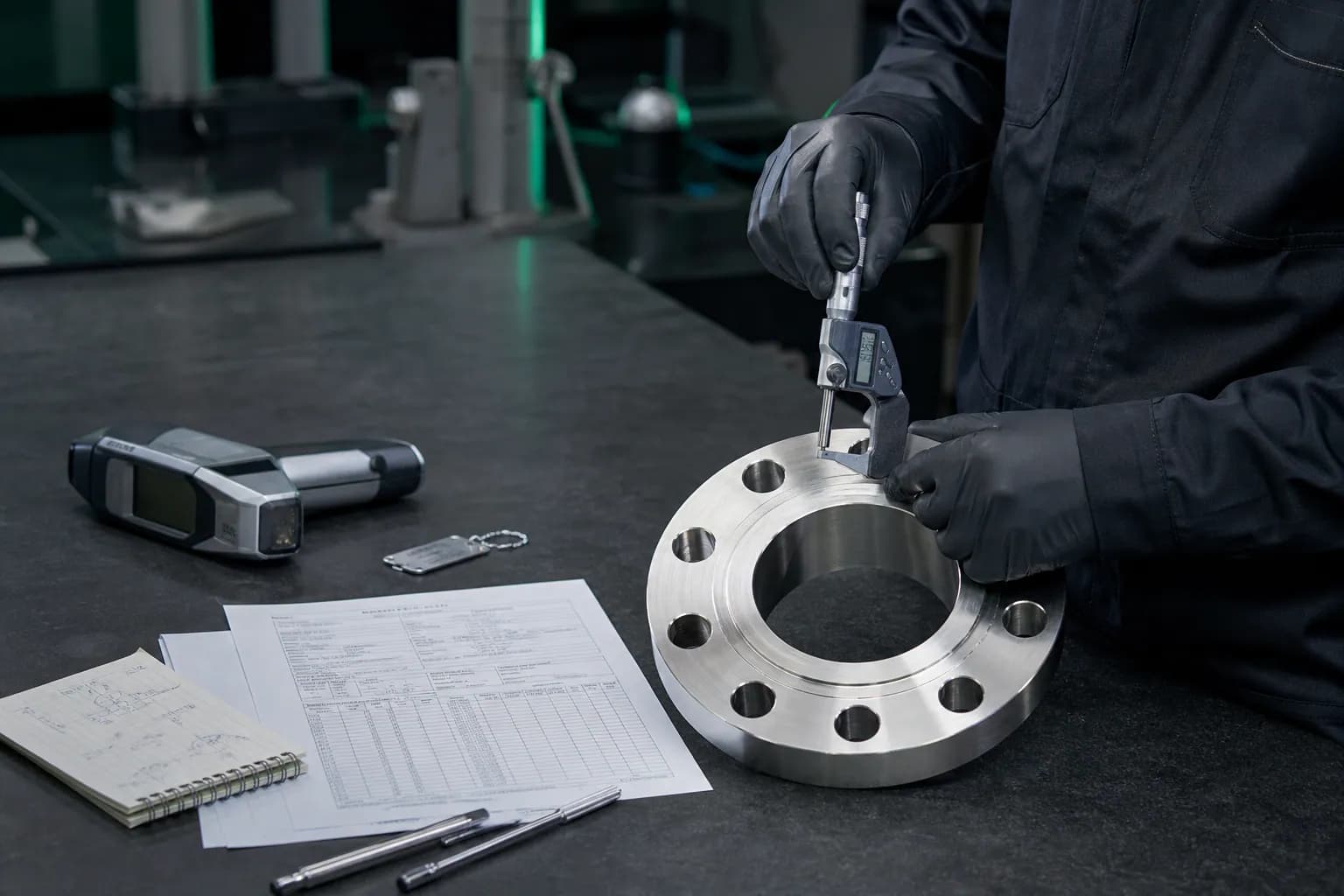 Illustrative dimensional inspection of an alloy flange alongside inspection documentation and a PMI analyser