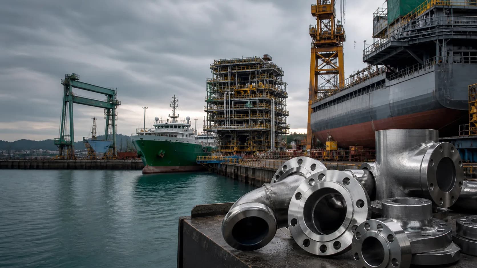 Illustrative Indonesian marine fabrication setting with super duplex flanges and fittings