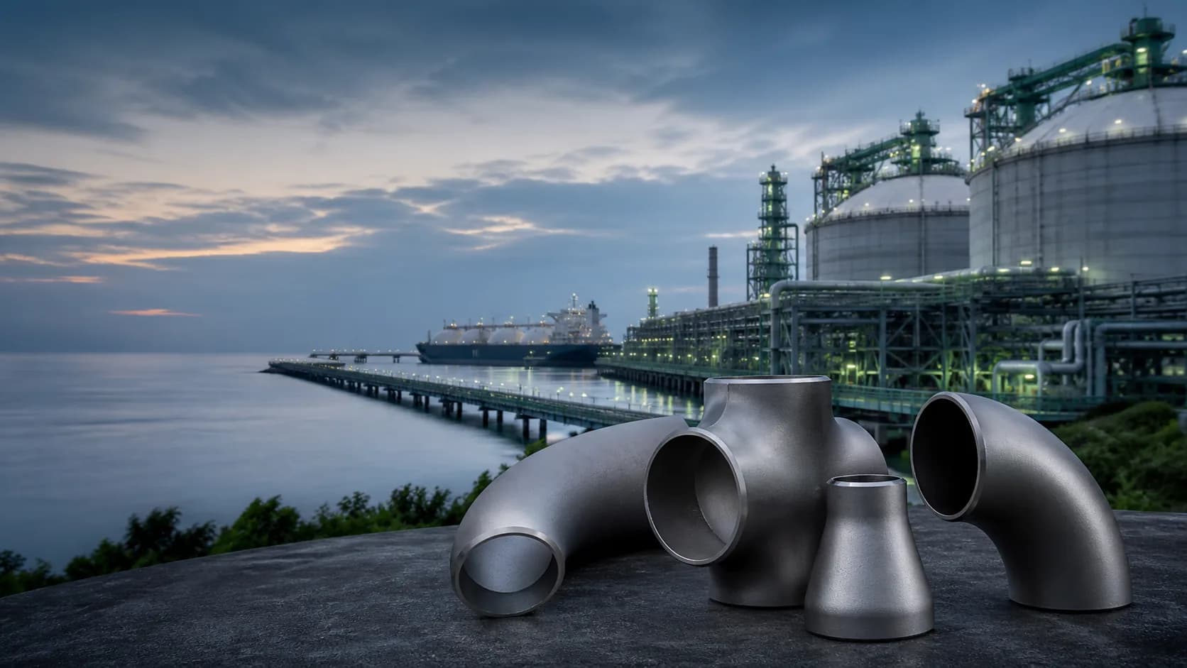 Illustrative Indonesian LNG terminal with nickel alloy elbows, tees, and reducers