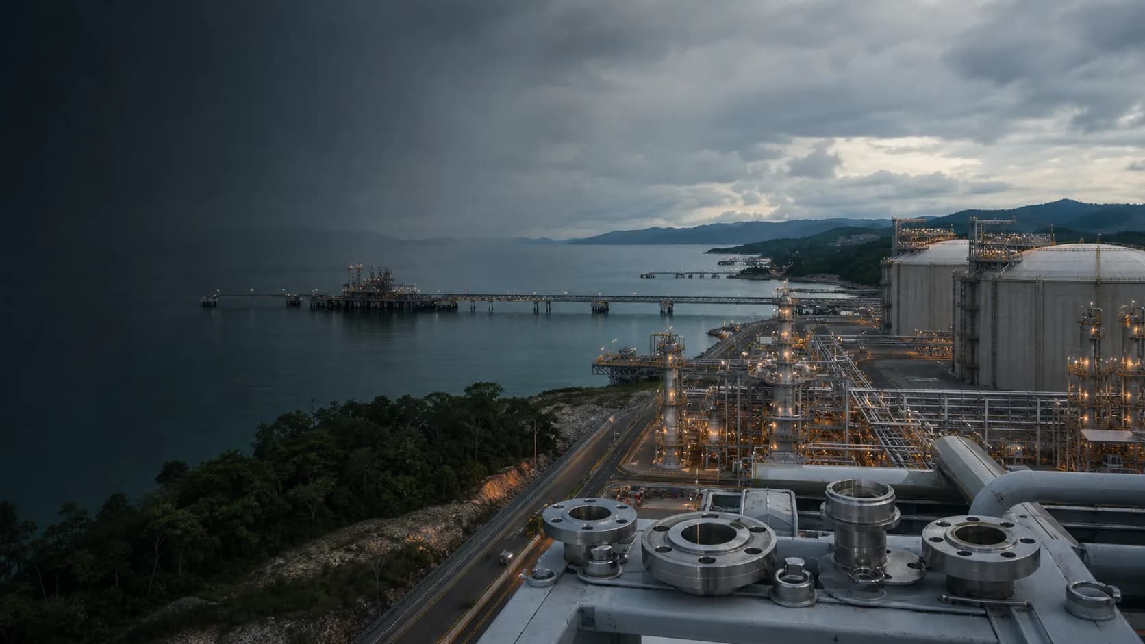 Illustrative eastern Indonesia LNG and gas-processing coast with alloy components