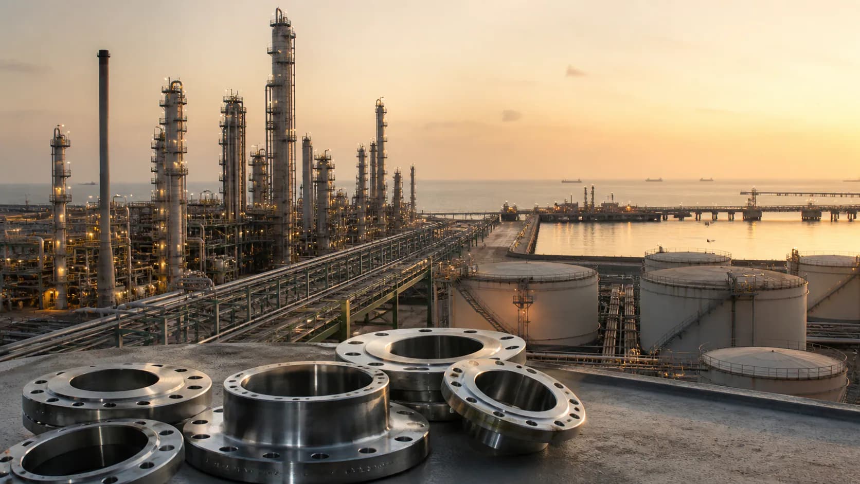 Illustrative Kuwait coastal refinery, tank farm, and marine terminal with alloy flanges