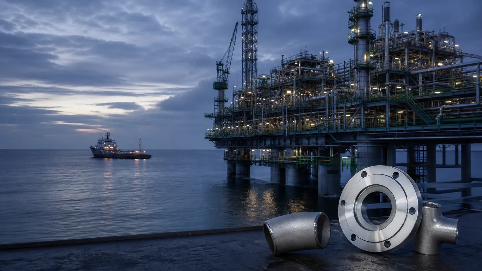 Illustrative Kuwait Gulf offshore process platform with alloy flanges and pipe fittings
