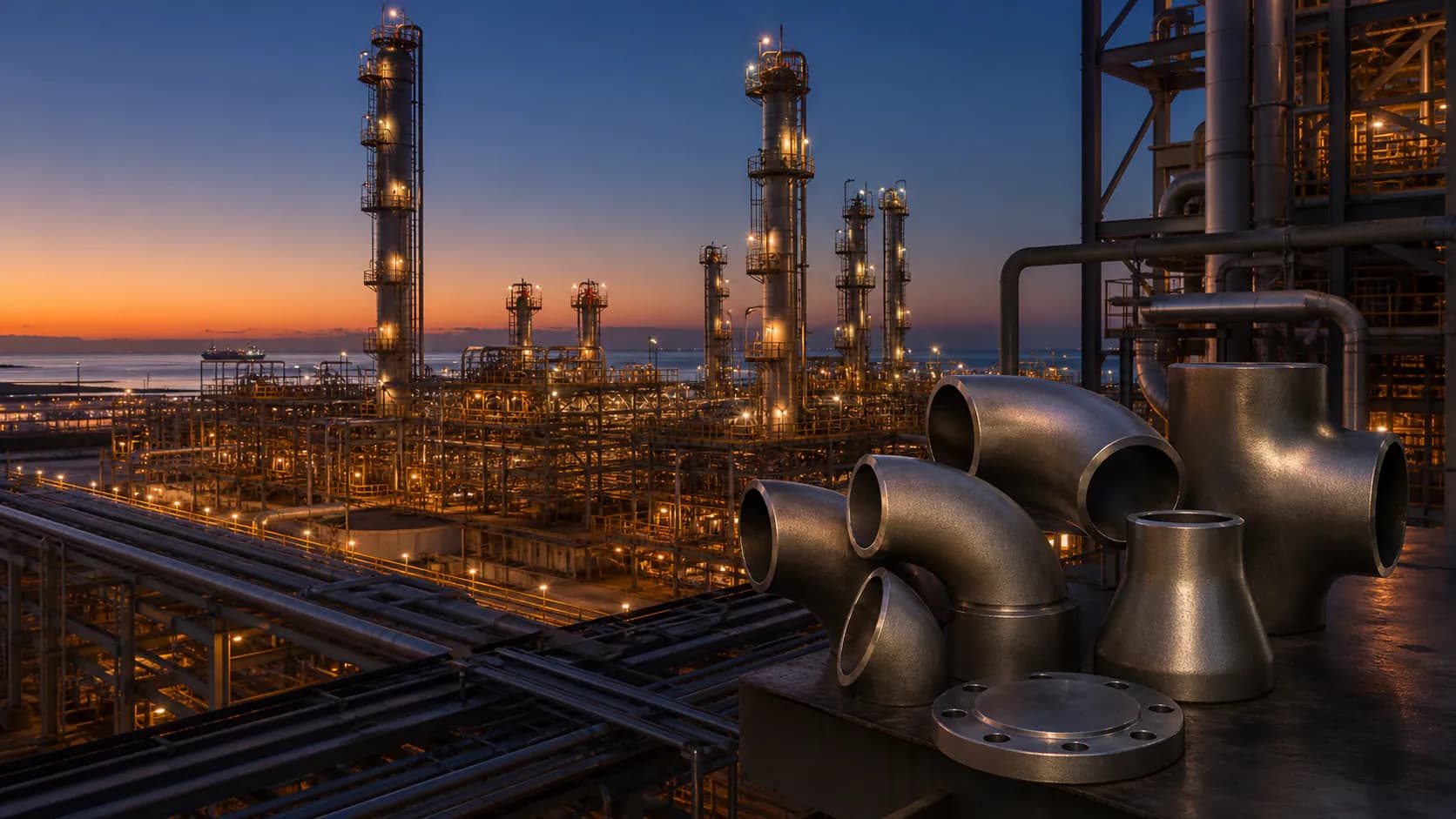 Illustrative Kuwait petrochemical process complex with nickel alloy pipe fittings