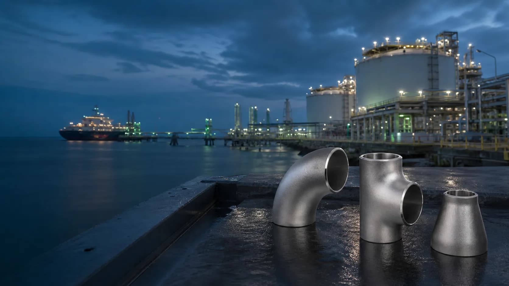 Illustrative Malaysia LNG waterfront with nickel alloy elbows, tees, and reducers