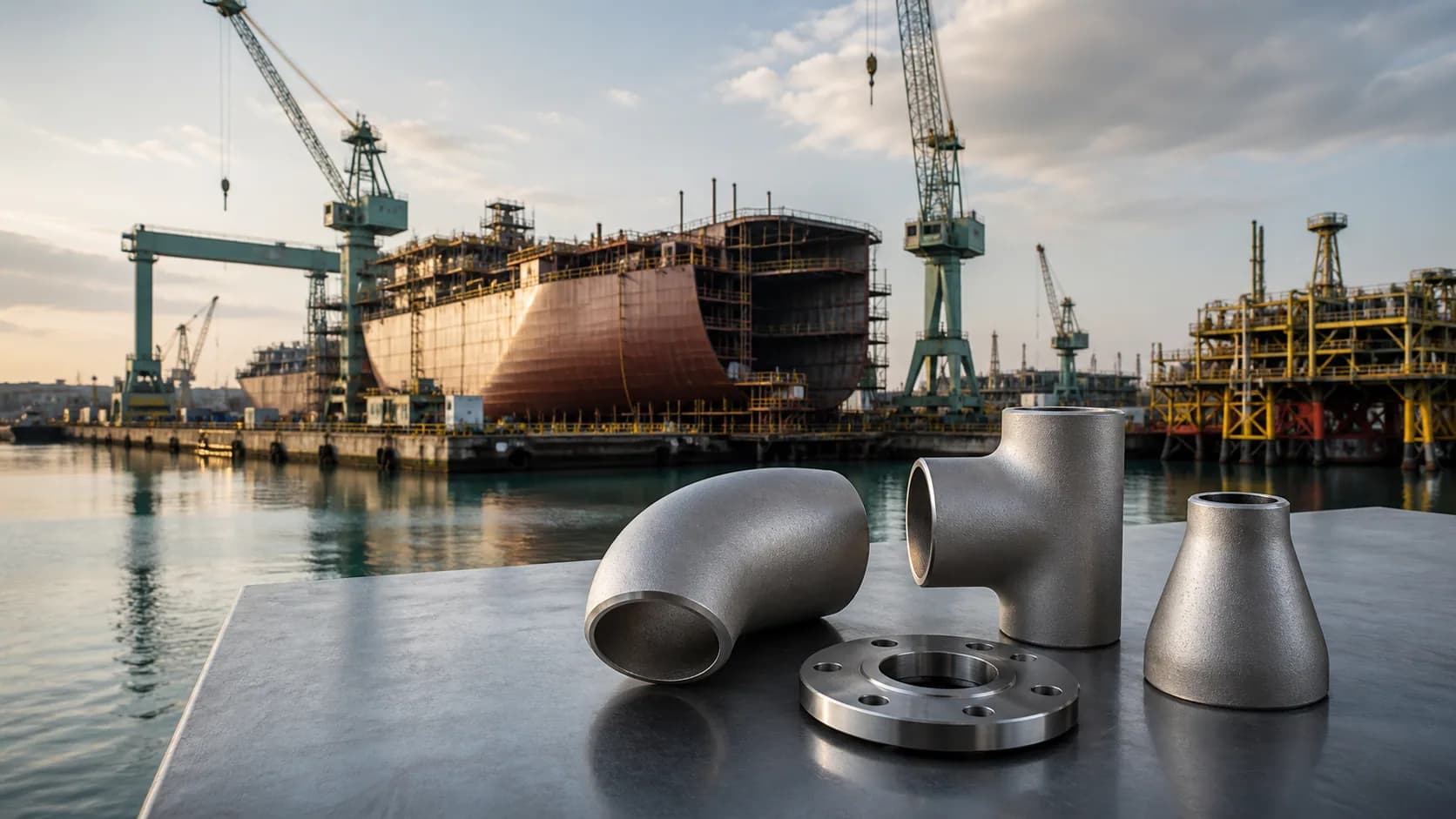 Illustrative Malaysia shipyard and offshore fabrication setting with duplex fittings