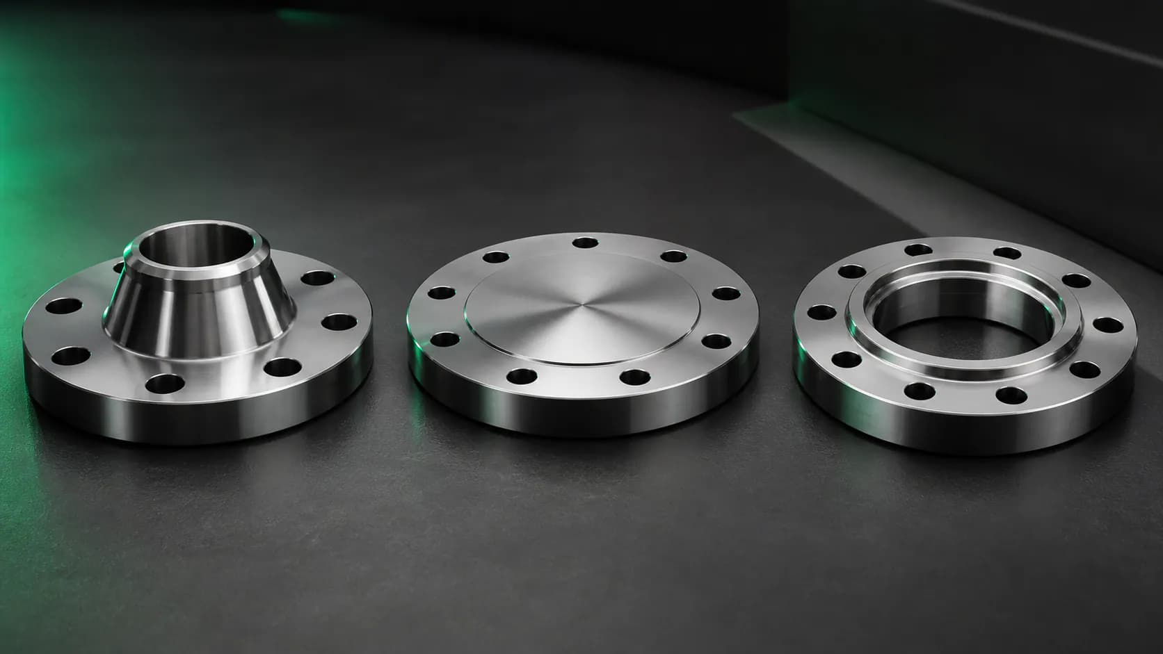 Illustrative alloy weld neck, blind, and ring type joint flange forms in a precision engineering studio