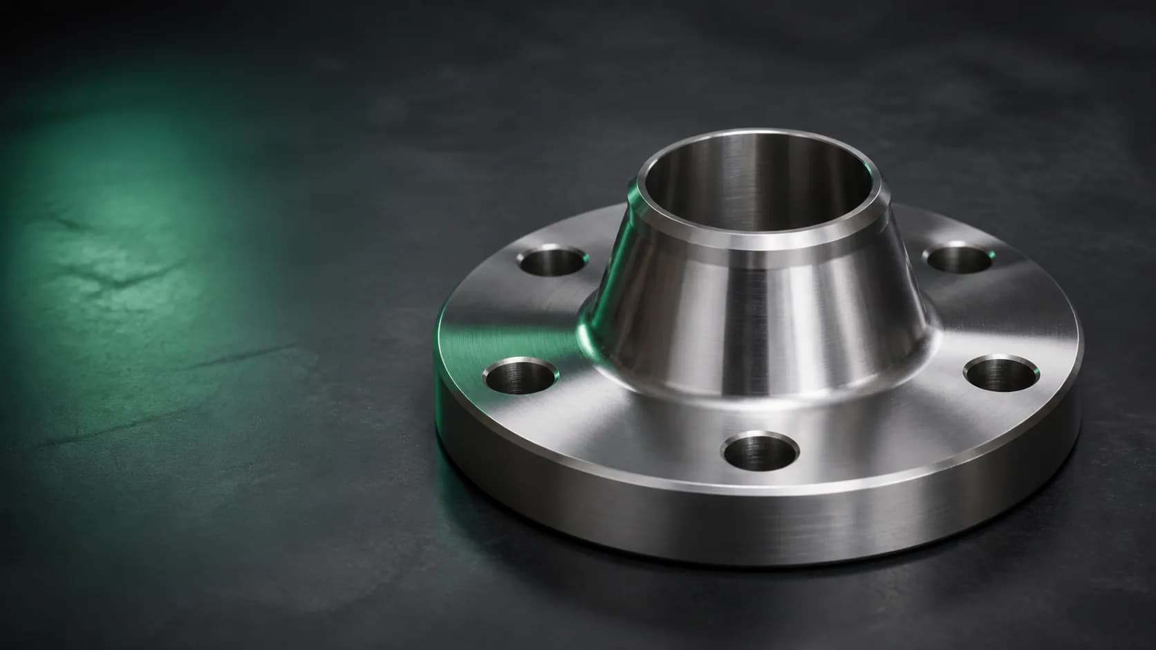 Illustrative precision-machined alloy weld neck flange with tapered hub and raised face