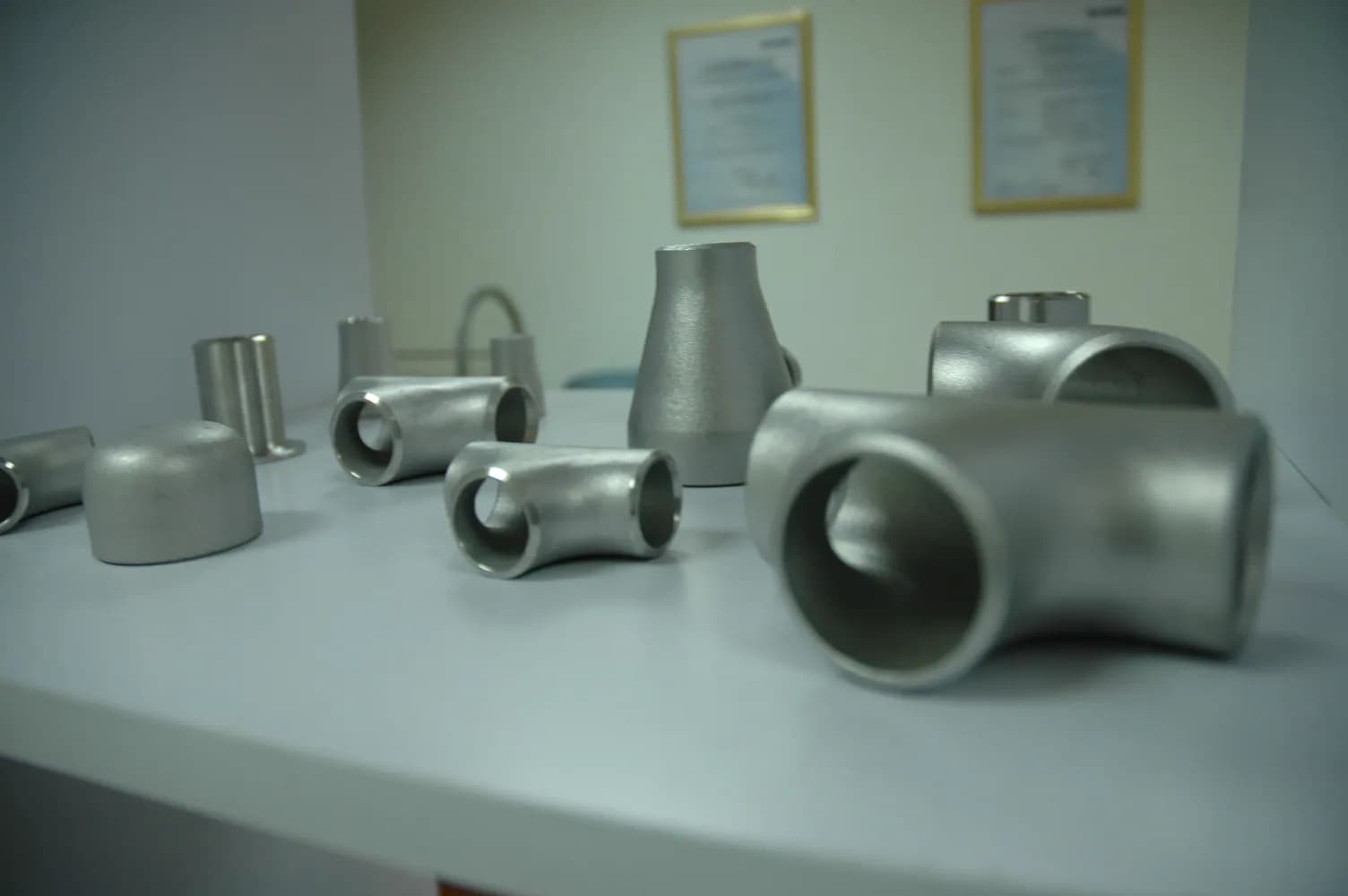 Alloy reducers and branch fittings arranged on a workbench