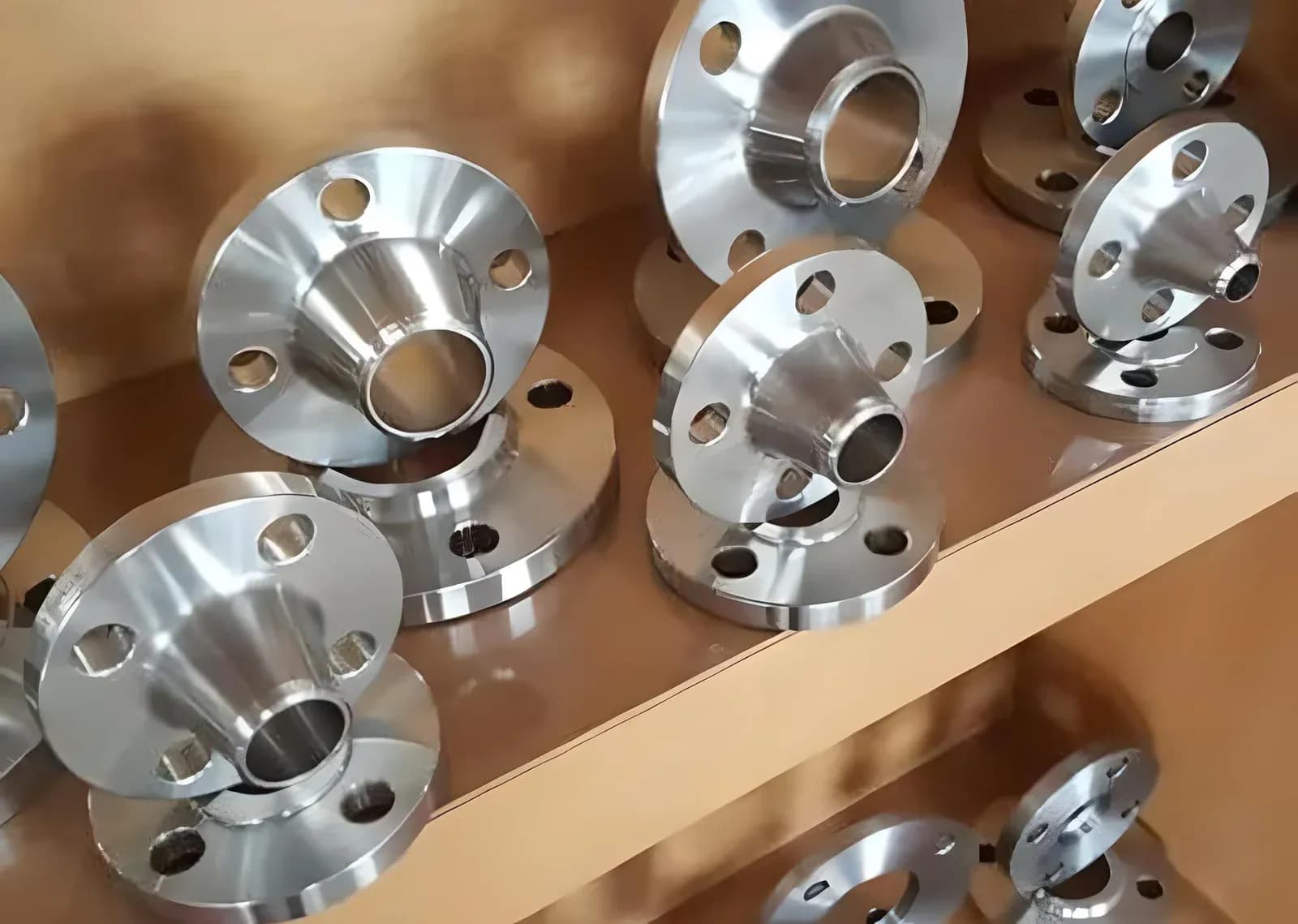 Finished weld neck alloy flanges arranged for product review
