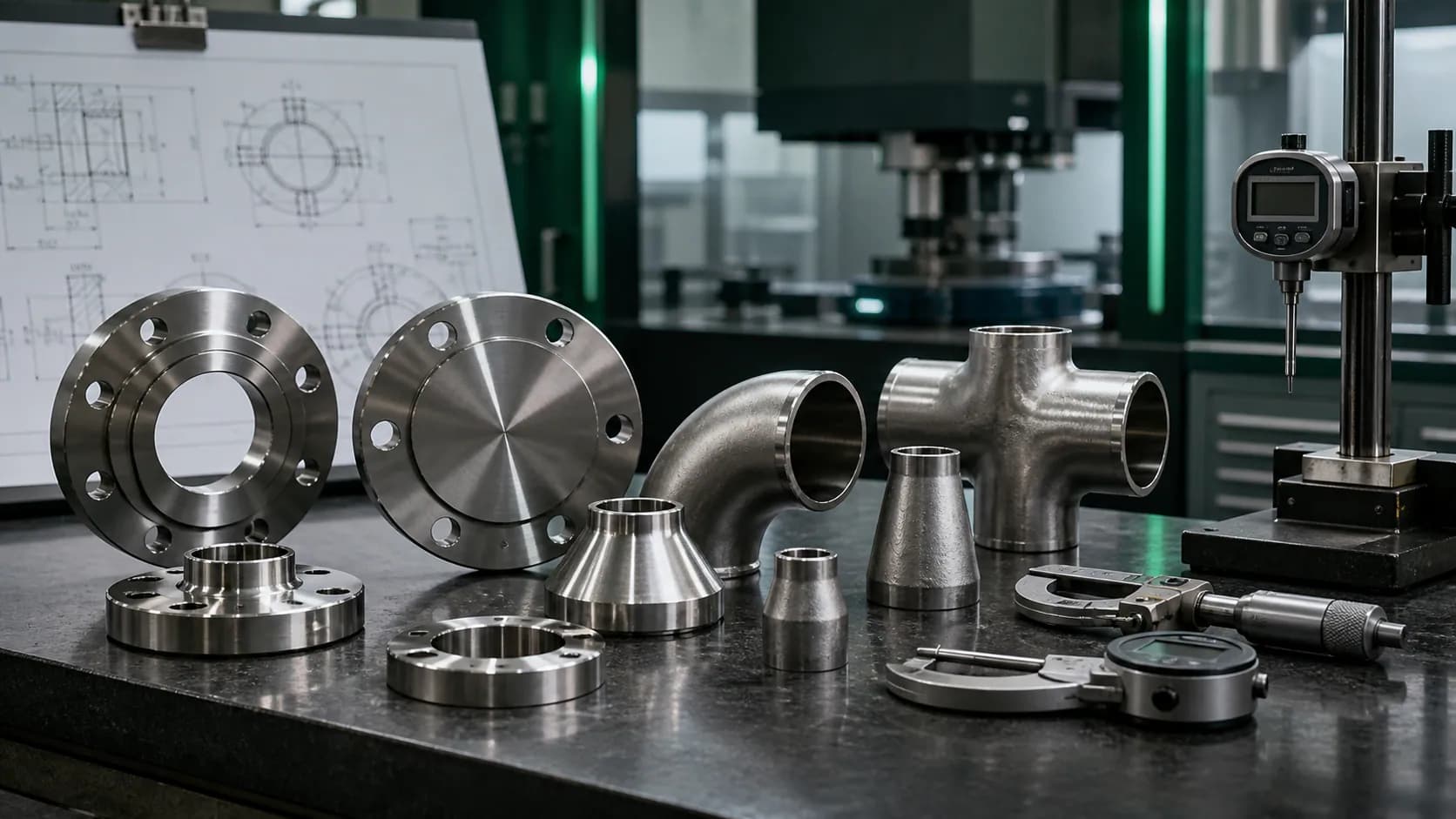 Illustrative specialty chemical fabrication environment with stainless steel flanges and fittings