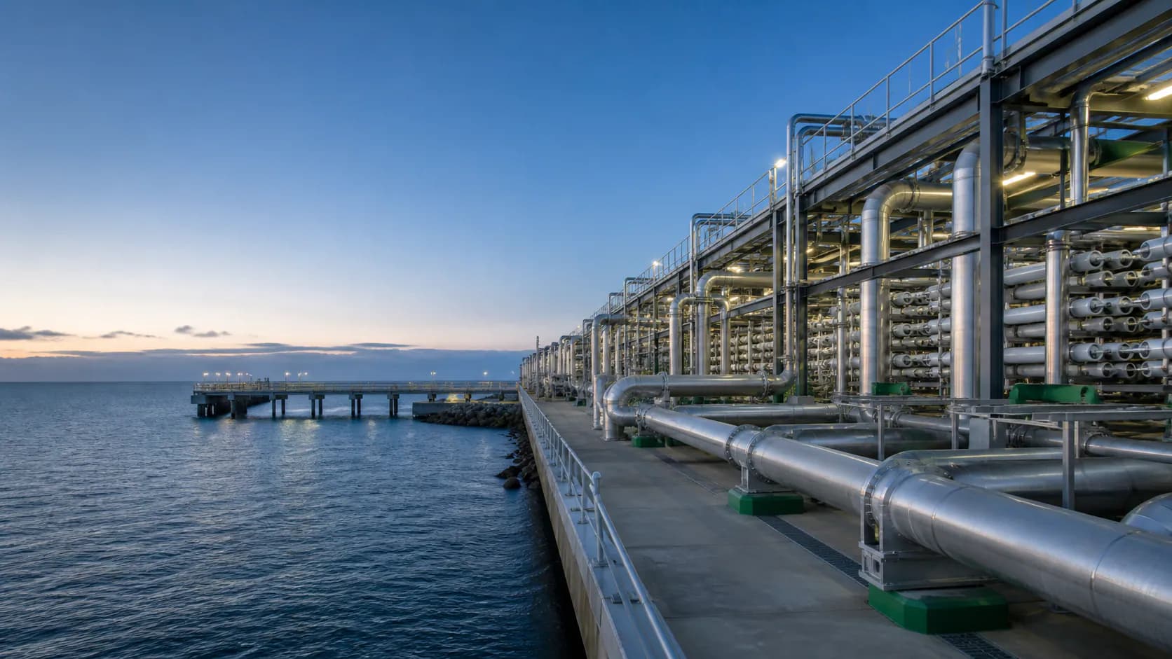 Illustrative coastal desalination process facility with seawater intake and process piping