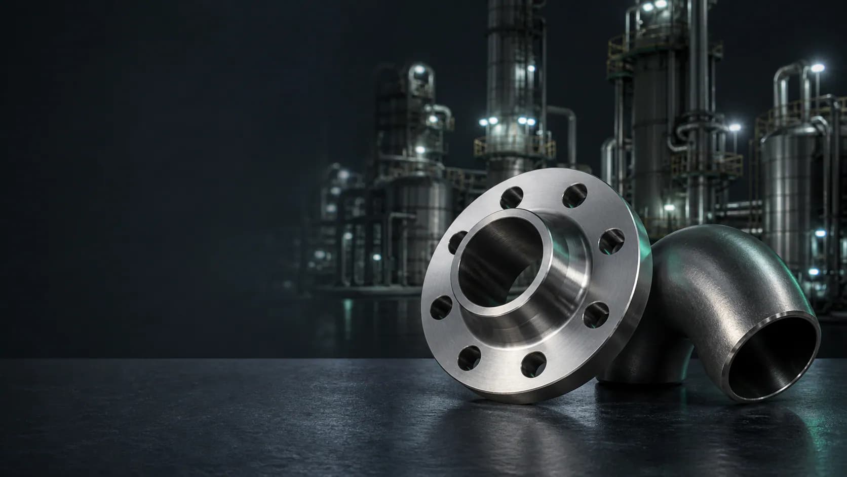 Illustrative Hastelloy C276 weld neck flange and elbow in a chemical process environment