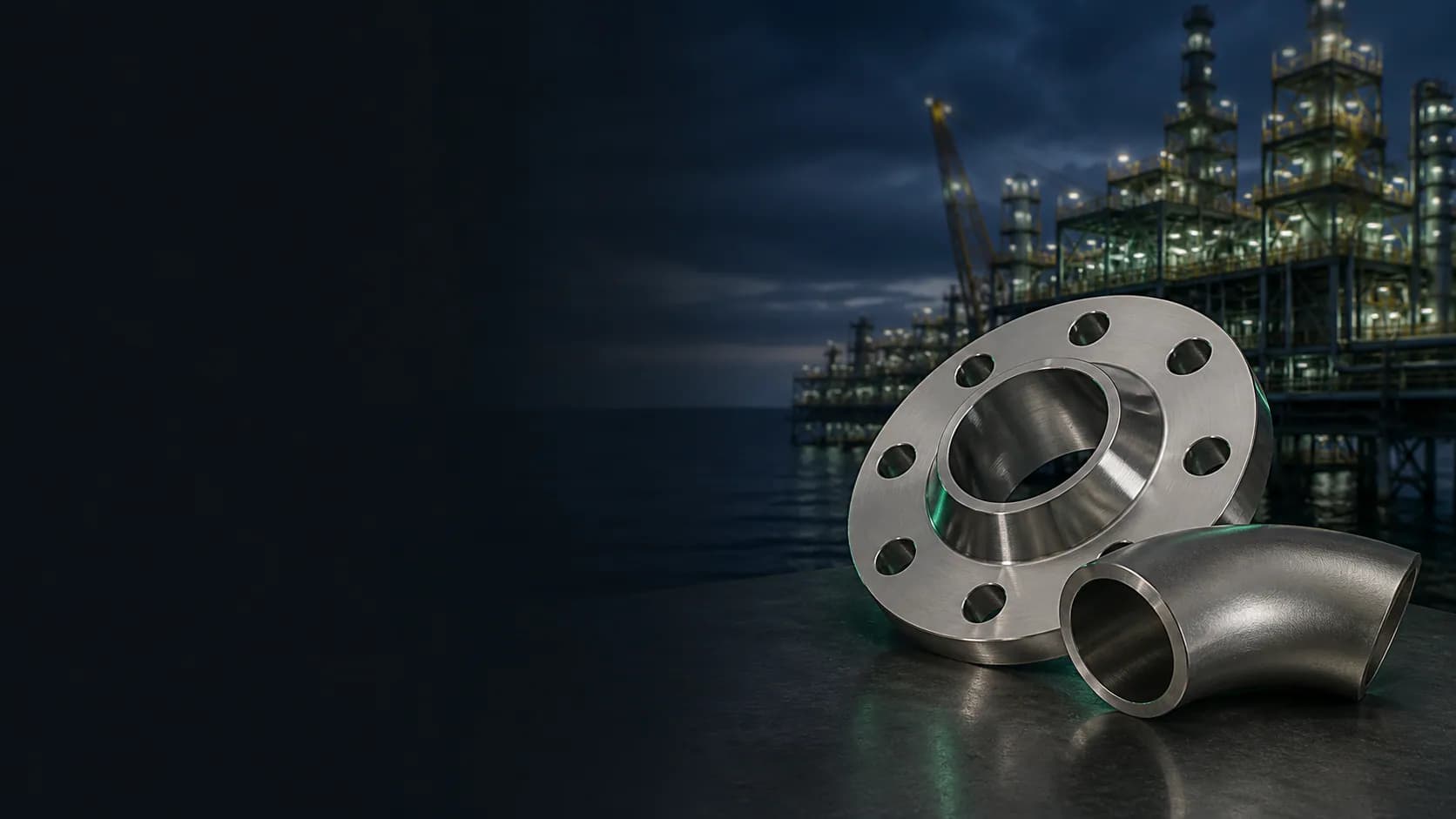 Illustrative Inconel 625 weld neck flange and elbow in an offshore process setting