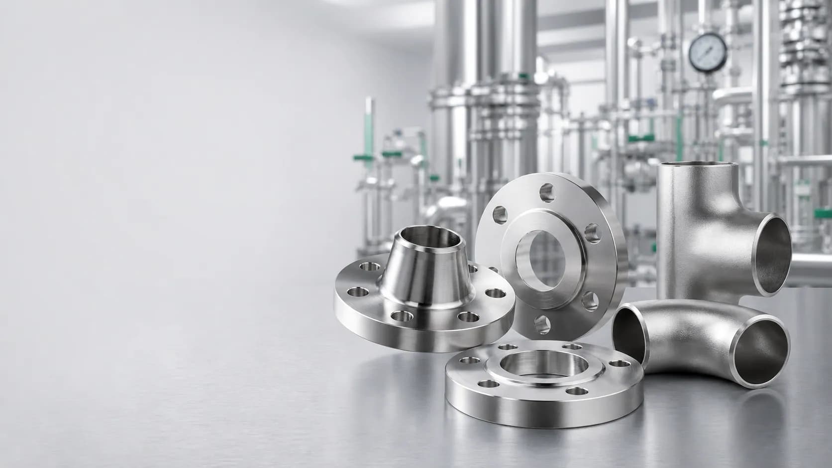 Illustrative bright stainless steel flanges and pipe fittings in a clean process environment