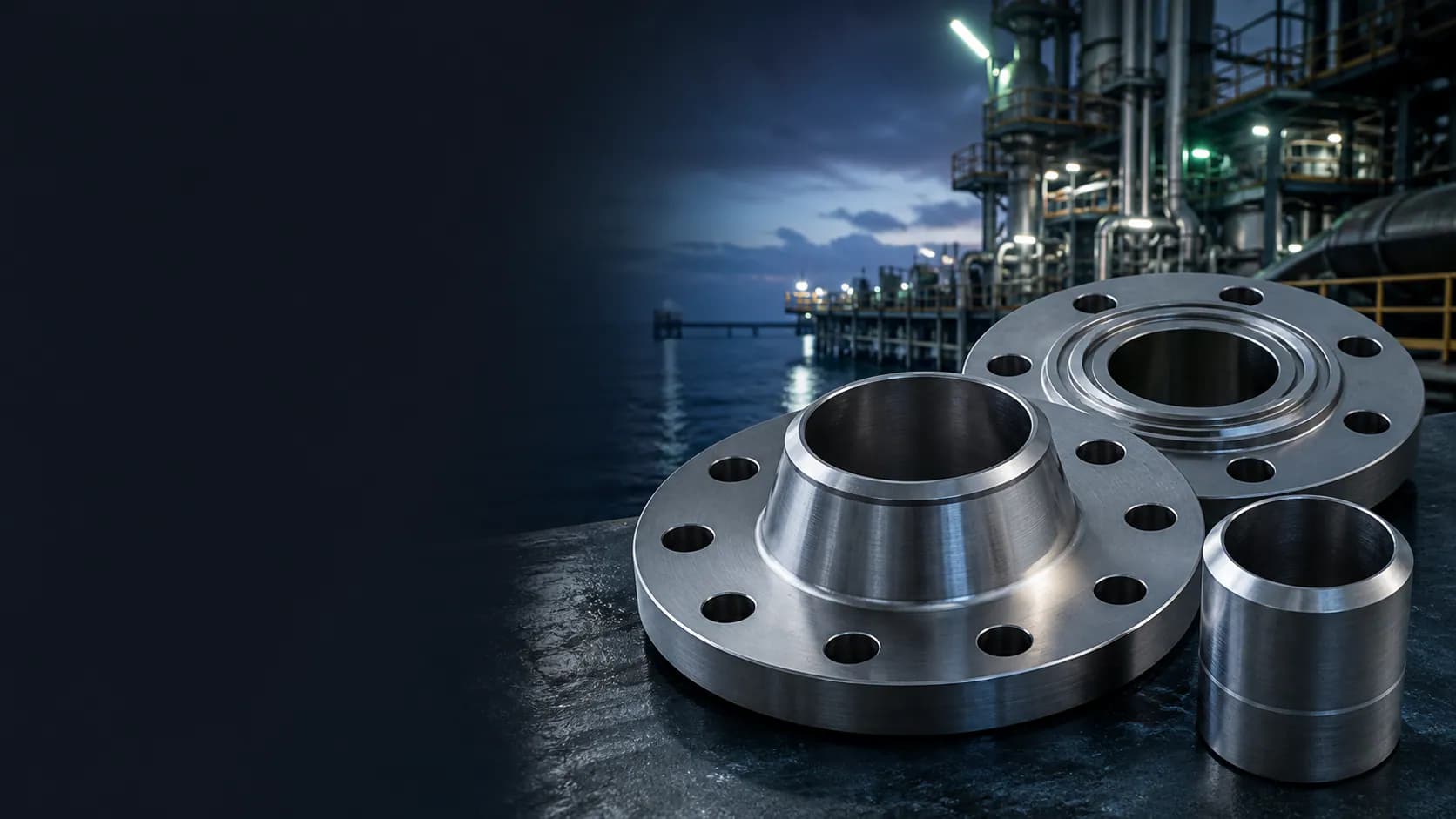 Illustrative Super Duplex S32750 weld neck and ring type joint flange forms near offshore process piping