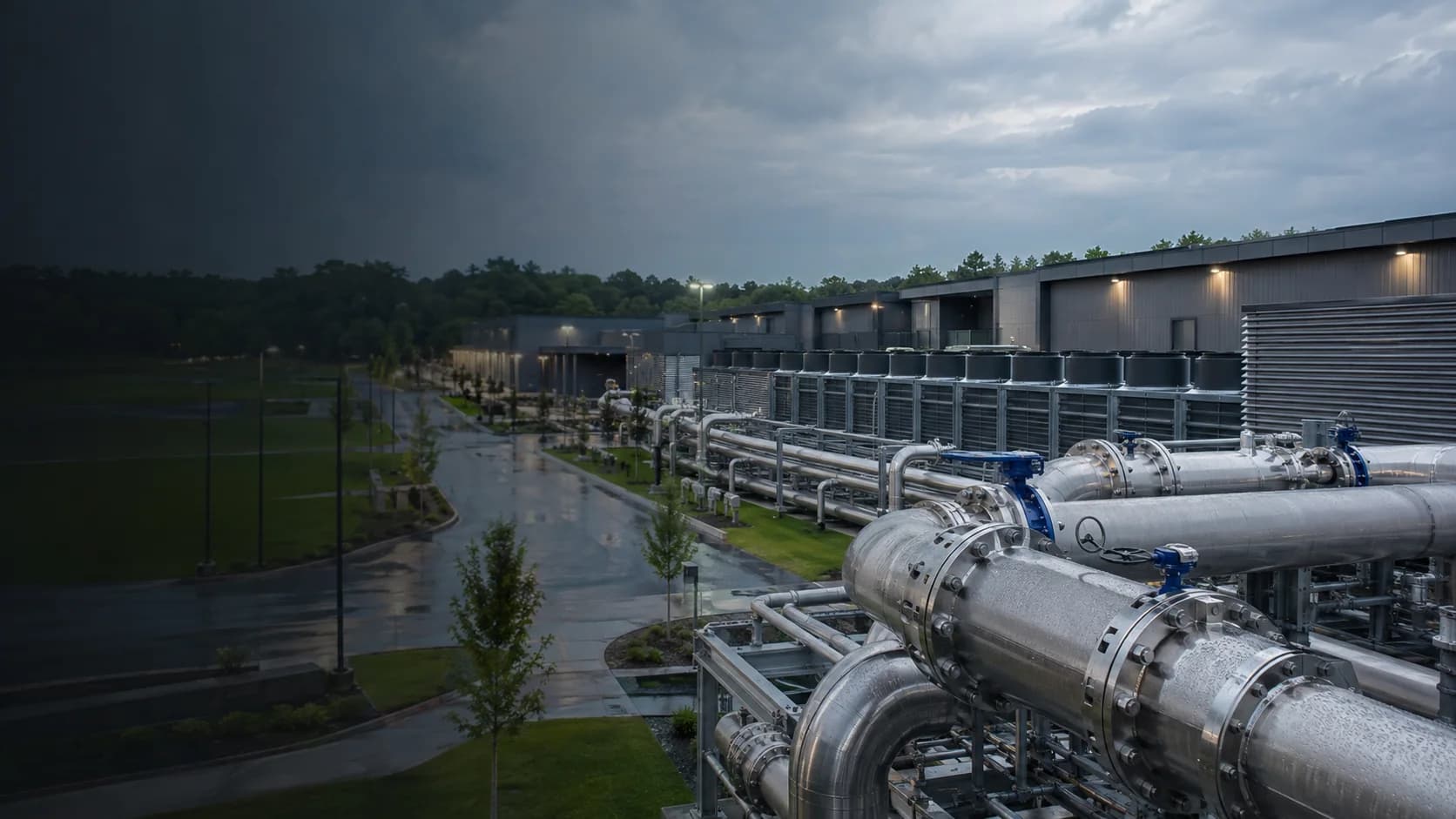 High-capacity flanged cooling-water headers at a hyperscale data-center campus in Northern Virginia
