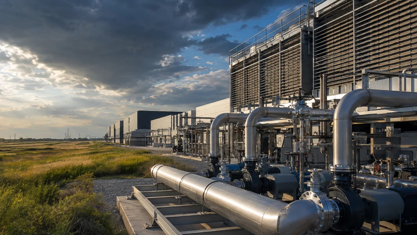 Stainless steel cooling-water headers and heat-rejection plant at an Iowa hyperscale data-center campus
