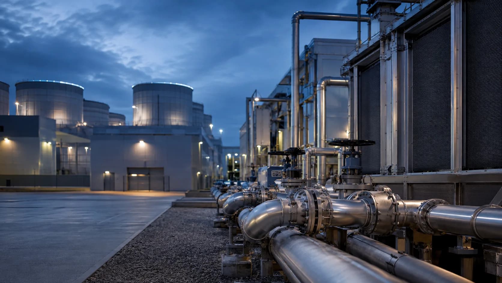 Stainless steel flanged cooling-water piping at a modern hyperscale data-center mechanical plant