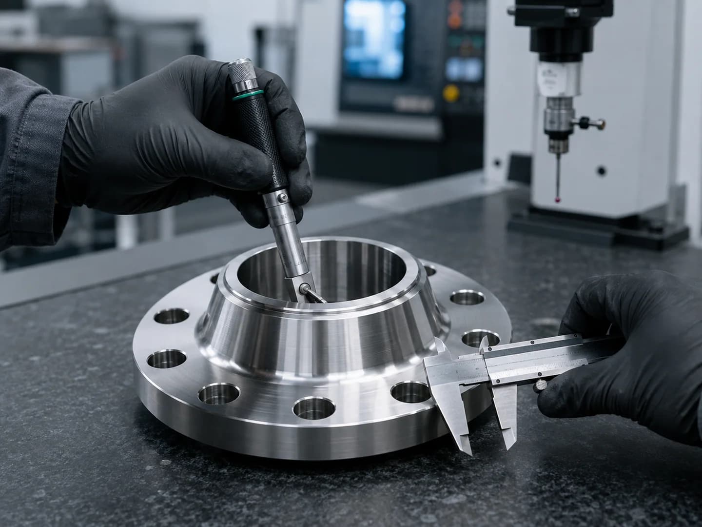 Dimensional inspection of a machined weld-neck flange after production