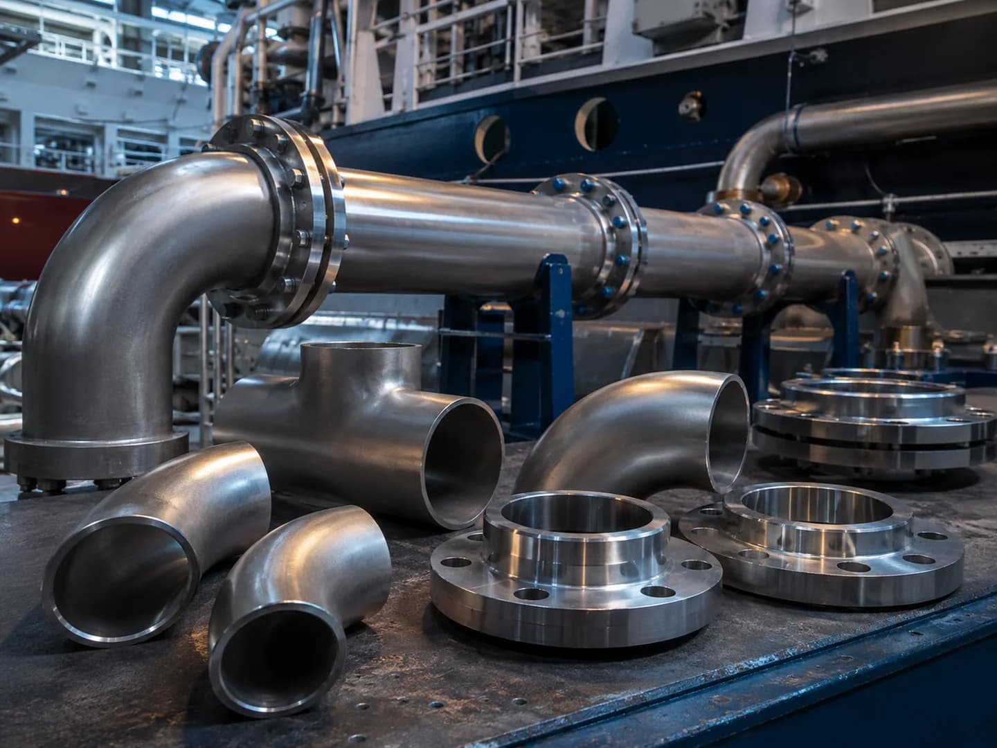 Marine alloy fittings staged beside a prepared piping spool