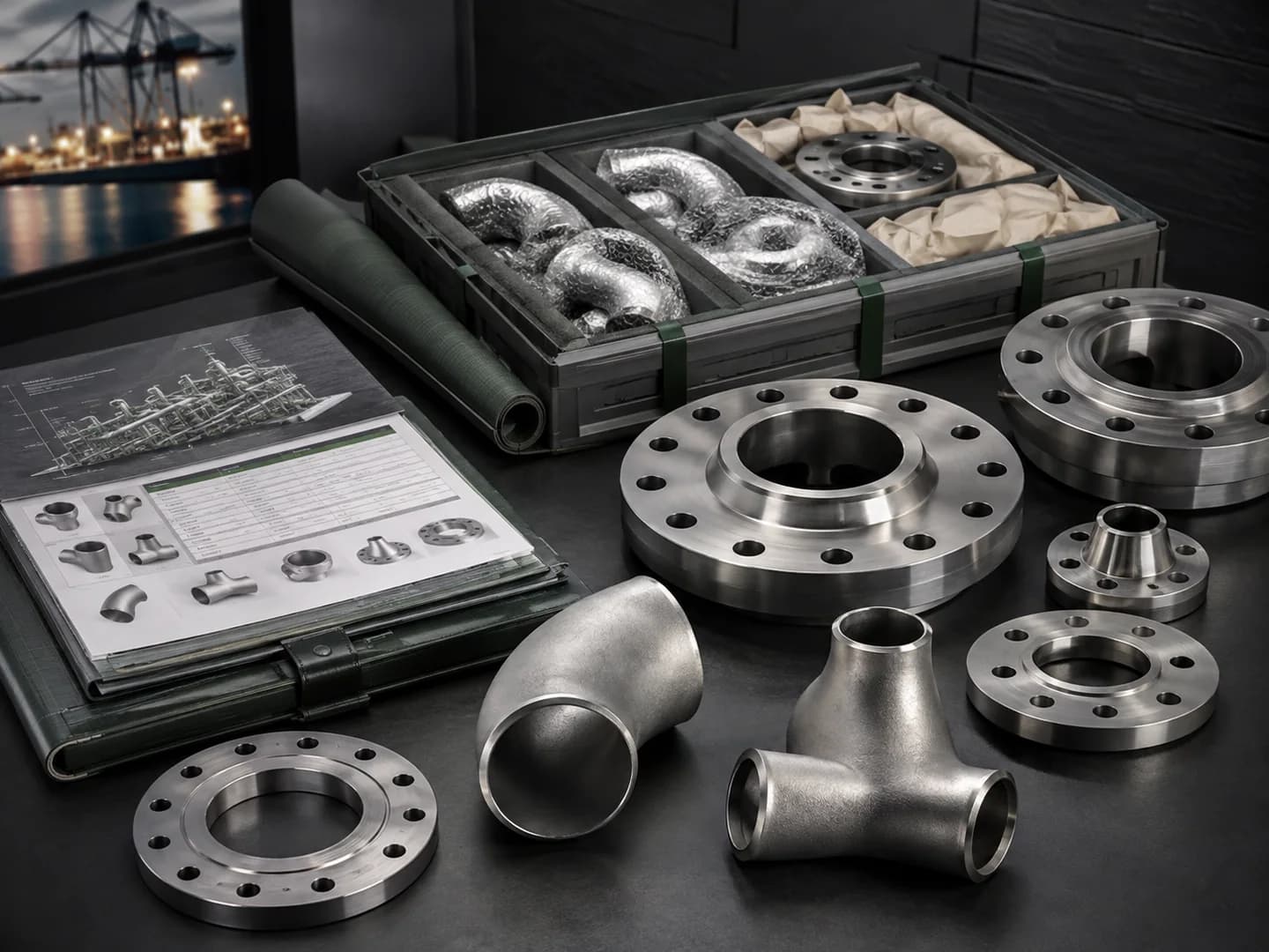 Alloy flange and fitting range arranged with inspection and export-planning context