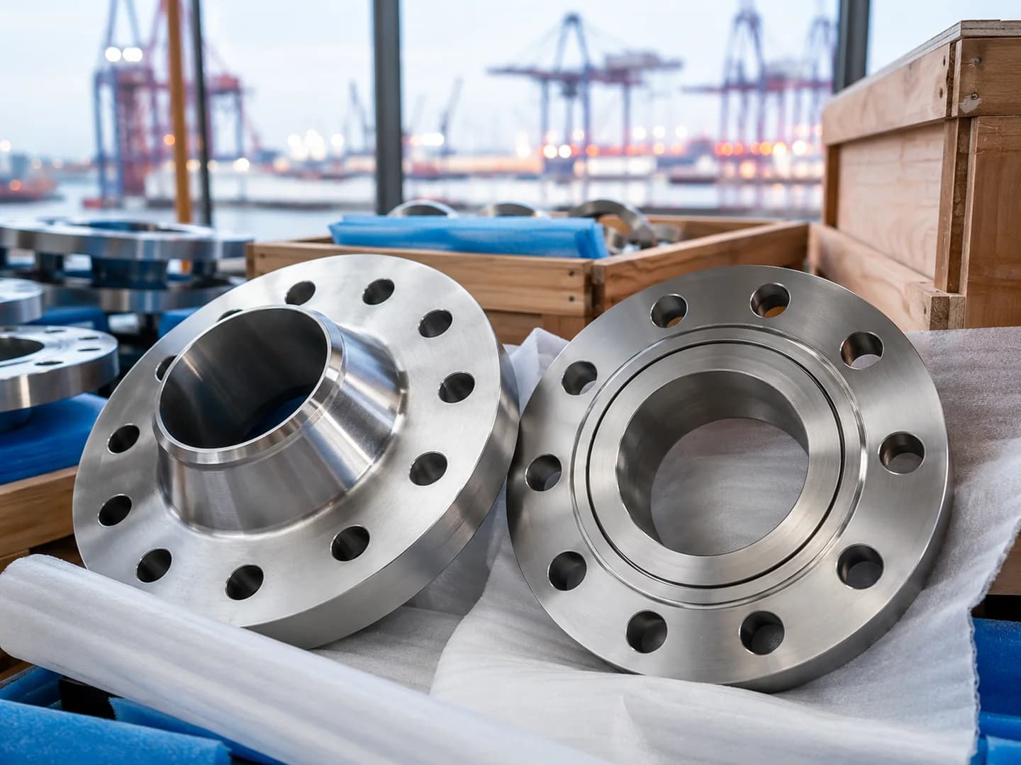 Weld-neck and ring-type-joint alloy flanges prepared for protected export packing