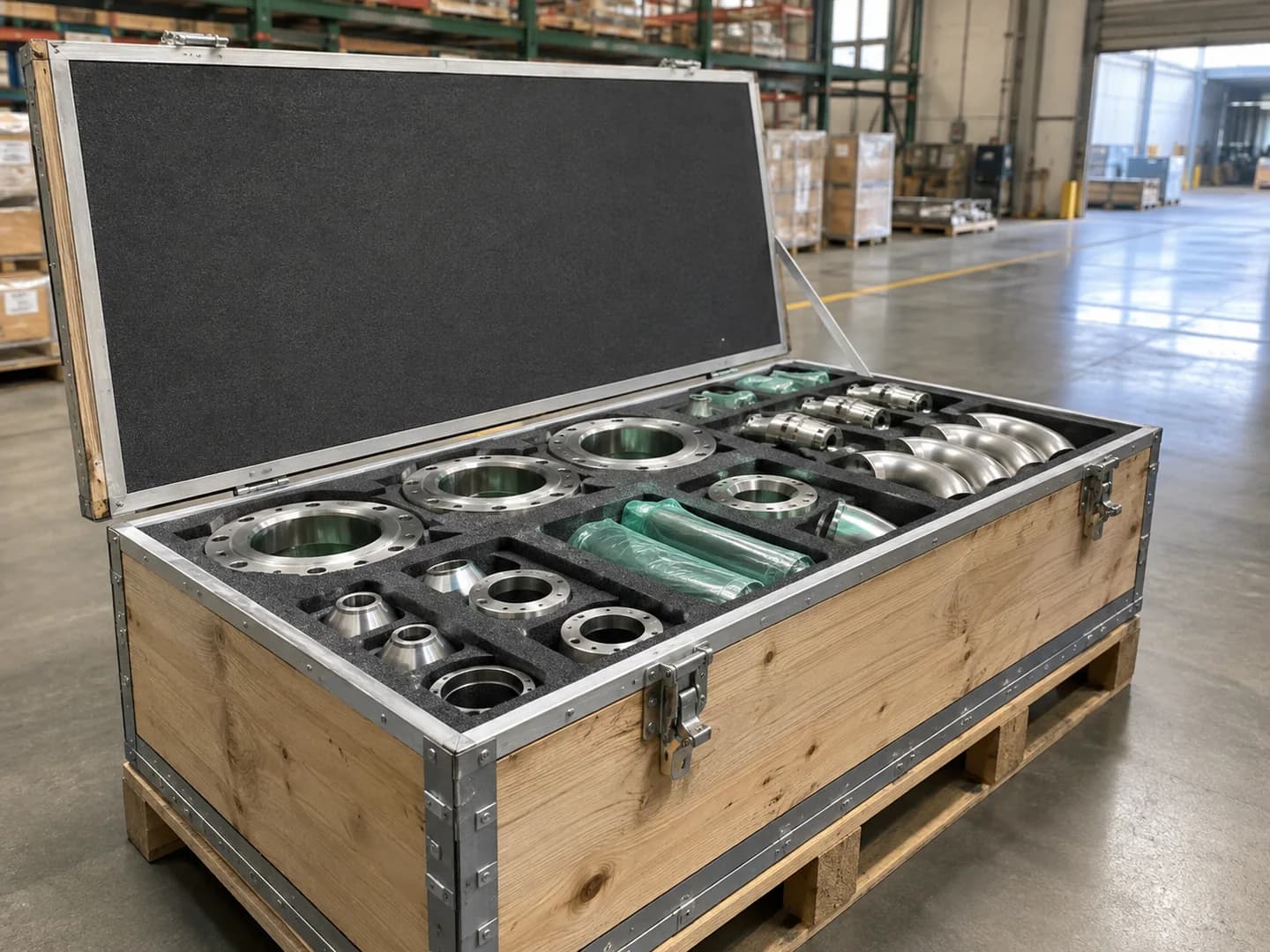 Alloy flanges and fittings separated inside a controlled export case