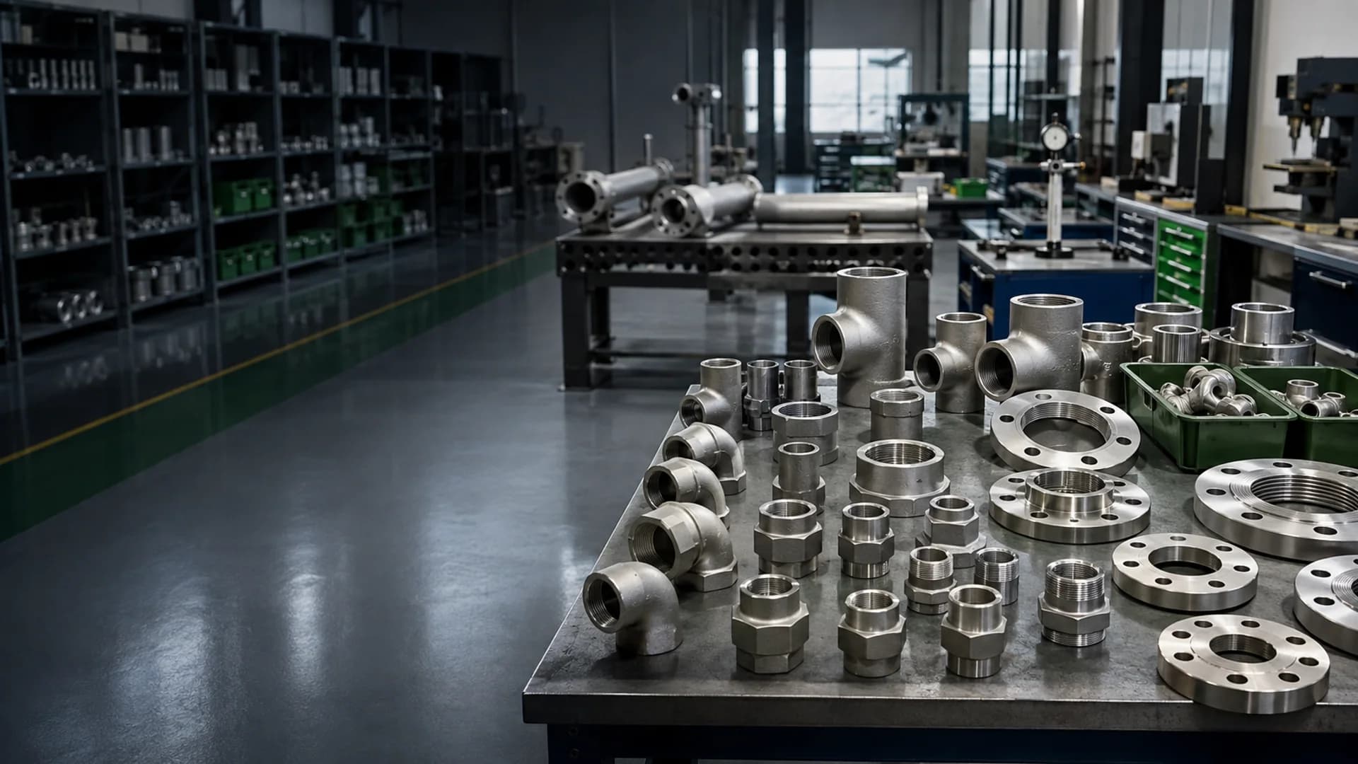 Small-bore forged fittings and compact flanges in an organized Al Qusais engineering workshop