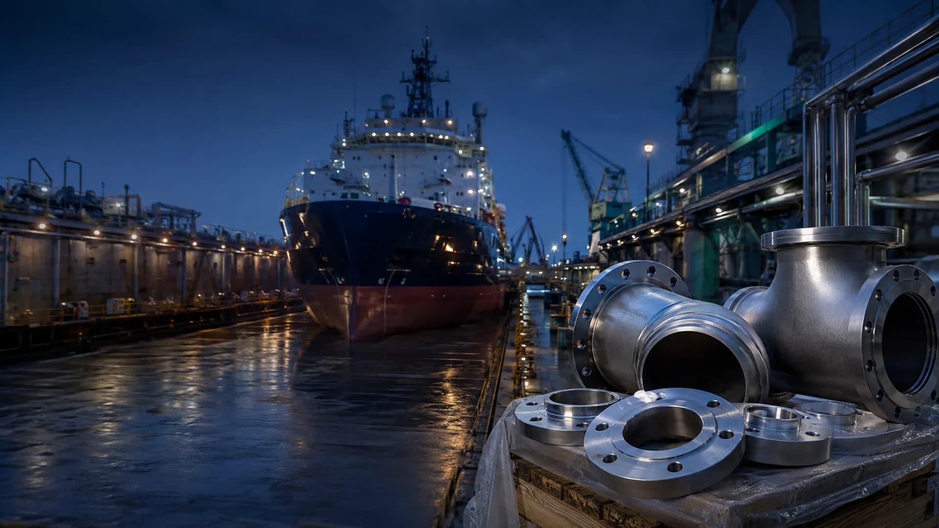 Corrosion-resistant flanges and fittings in a Dubai marine engineering and vessel-repair setting