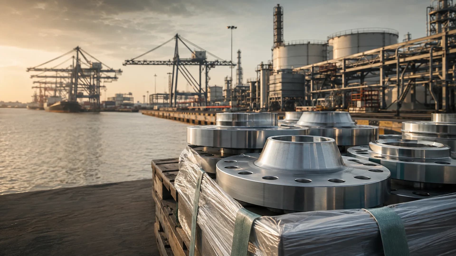 Machined alloy flanges prepared beside Jebel Ali port and process-industry infrastructure