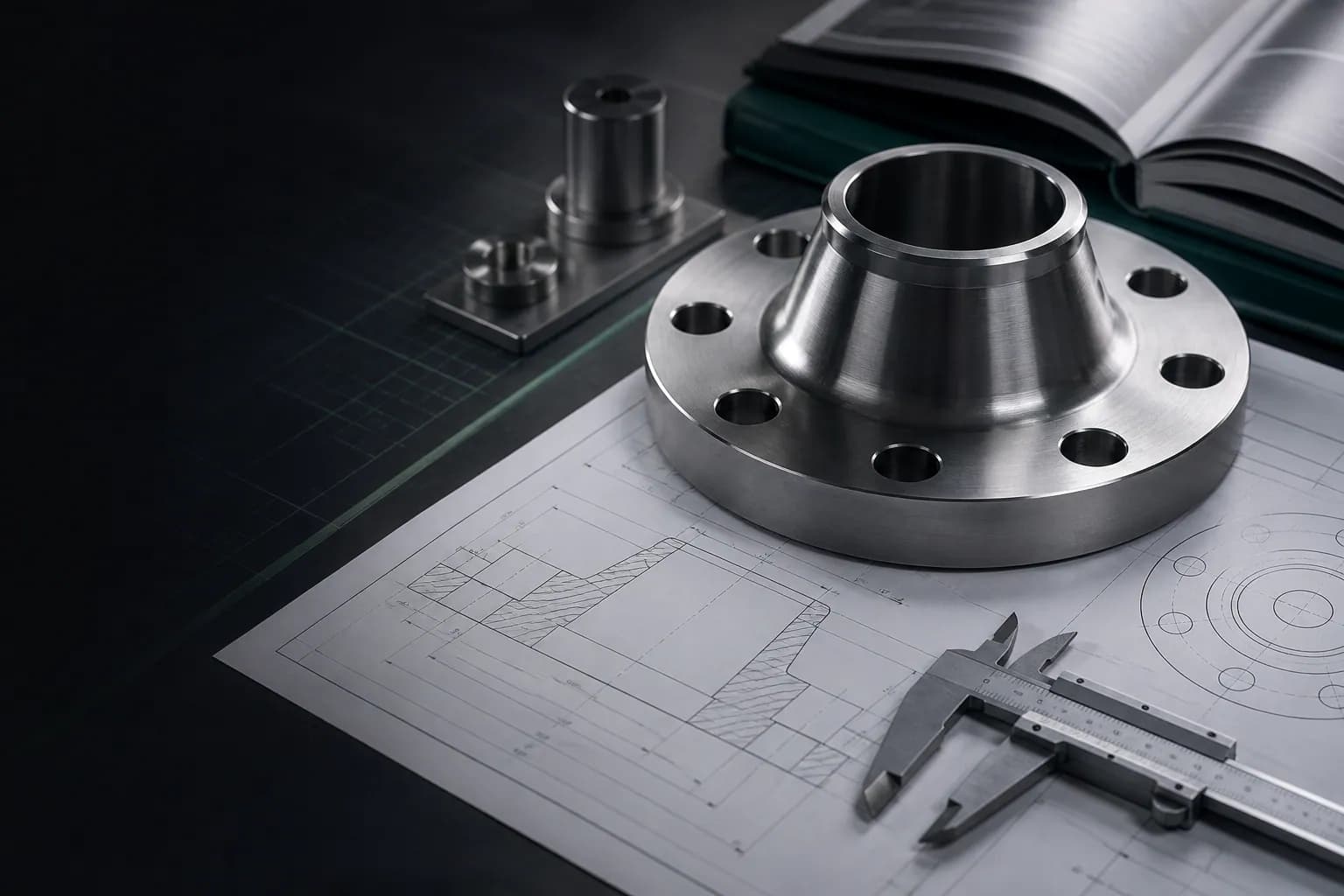 Illustrative alloy flange, engineering drawing, and dimensional reference tools