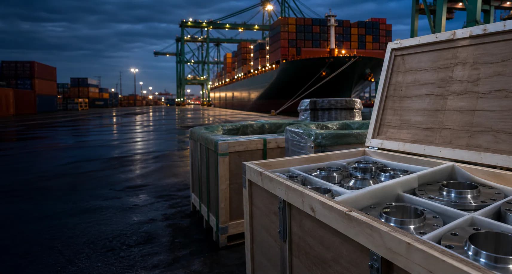 Illustrative protected alloy piping components in export crates at an international cargo port