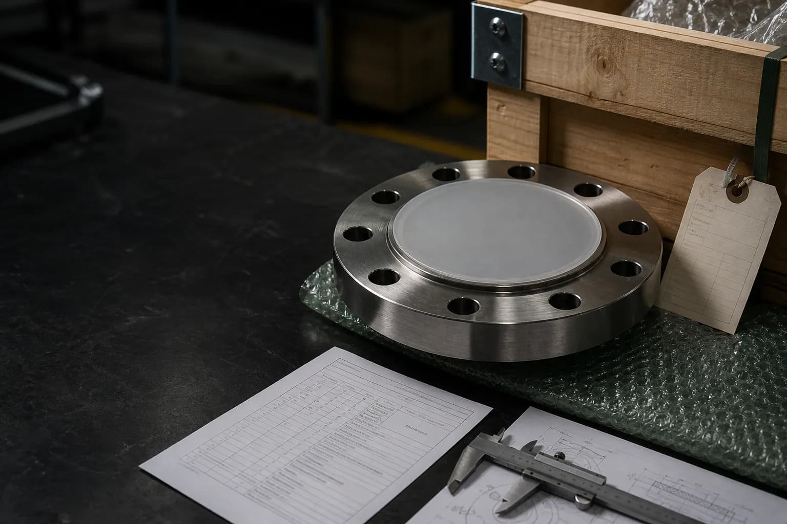 Illustrative protected alloy flange, export packing, and procurement documentation