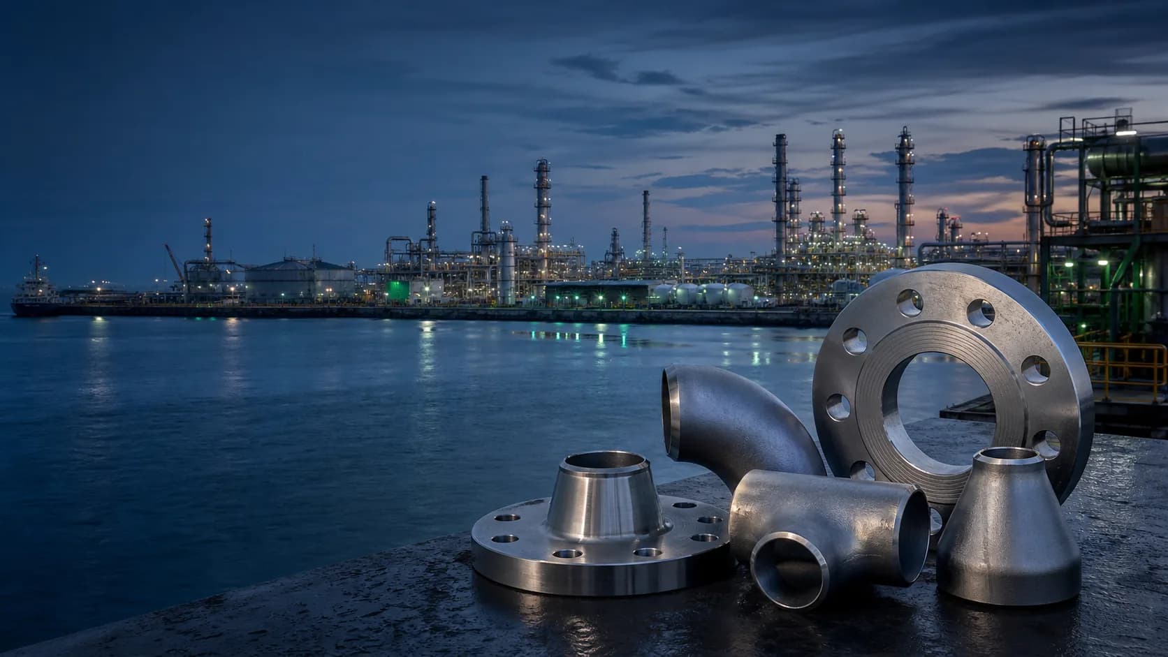 Illustrative Indonesian refinery coastline with nickel alloy flanges and fittings