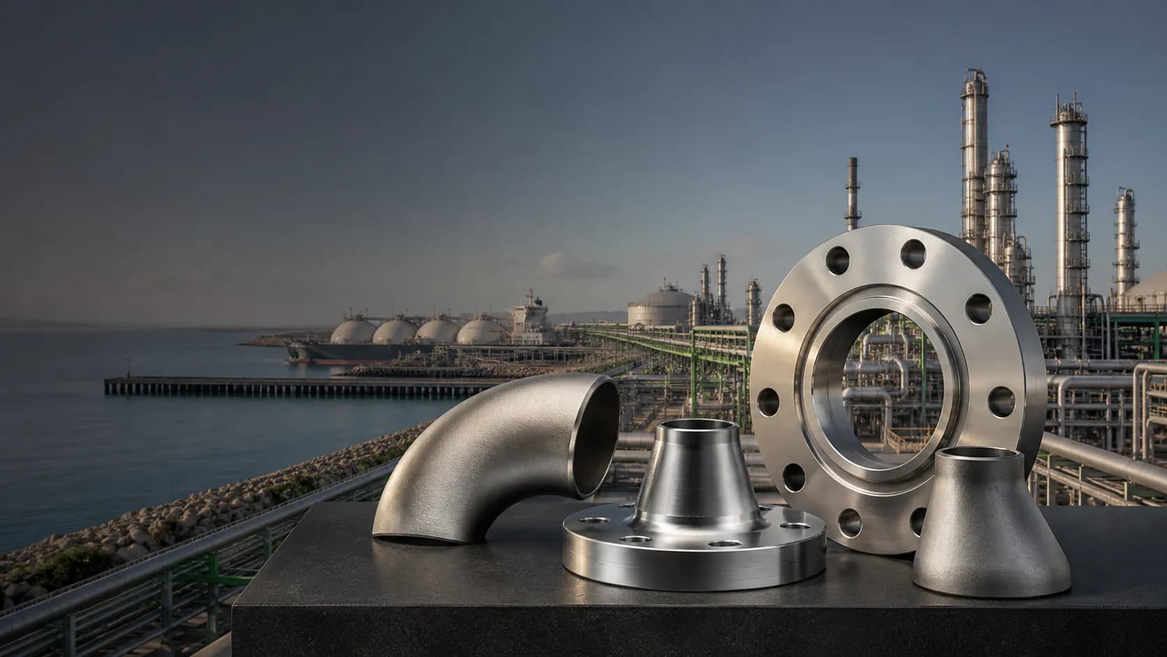 Illustrative Kuwait refinery and LNG process environment with nickel alloy and super duplex flanges and fittings