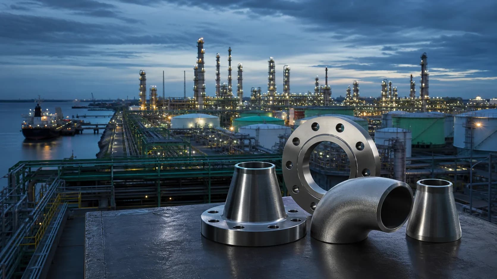 Illustrative Malaysia refinery and petrochemical waterfront with alloy flanges and fittings