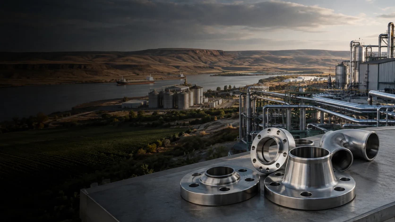 Stainless steel flanges and process piping in a Boardman Oregon industrial setting