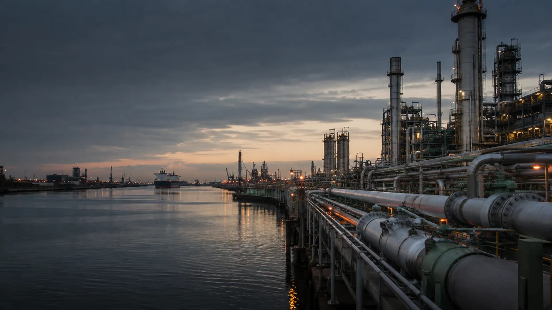 Ship channel, refinery piping and marine logistics in a Houston Gulf Coast industrial setting