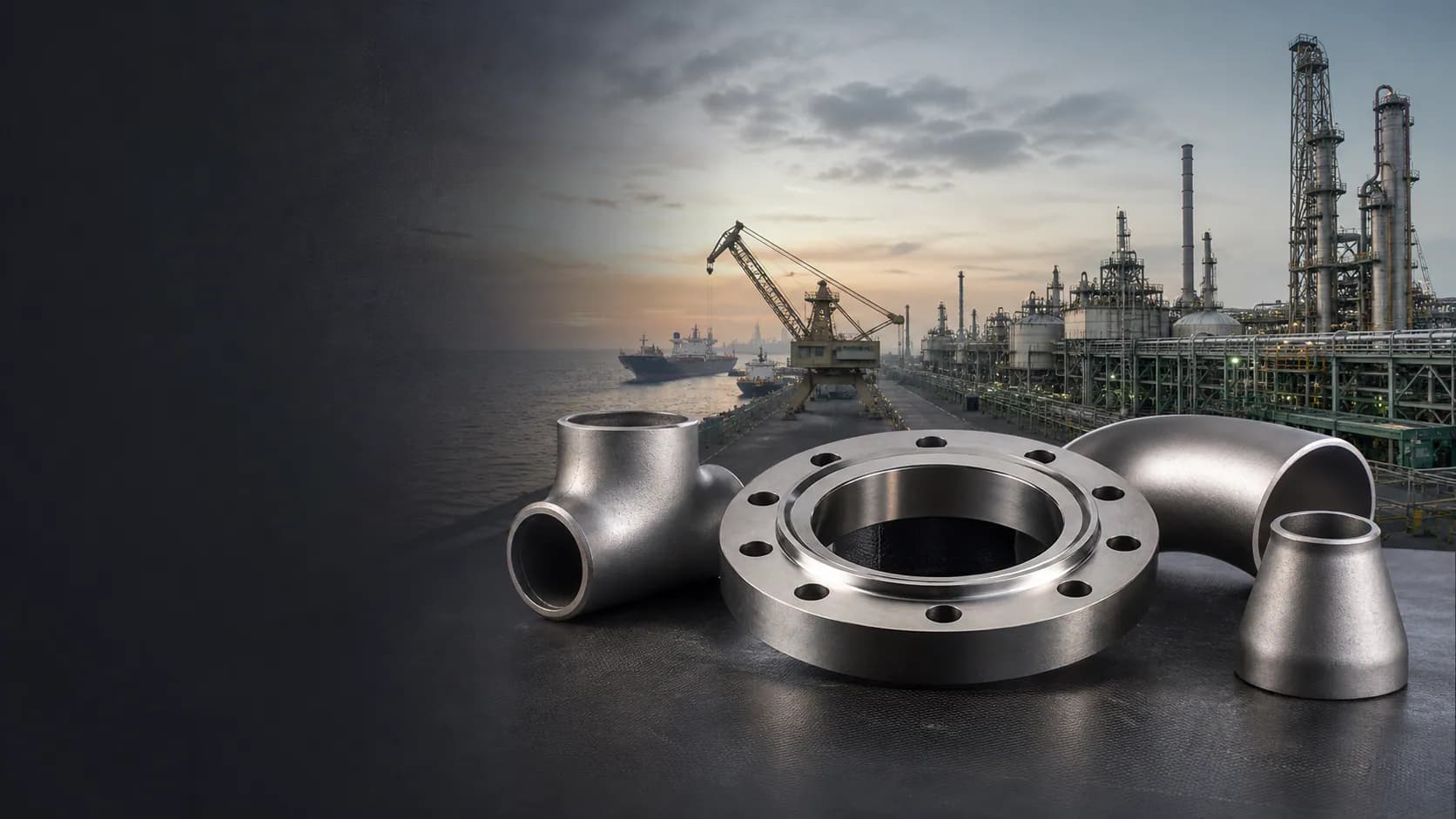 Illustrative Sohar industrial port and alloy piping component context