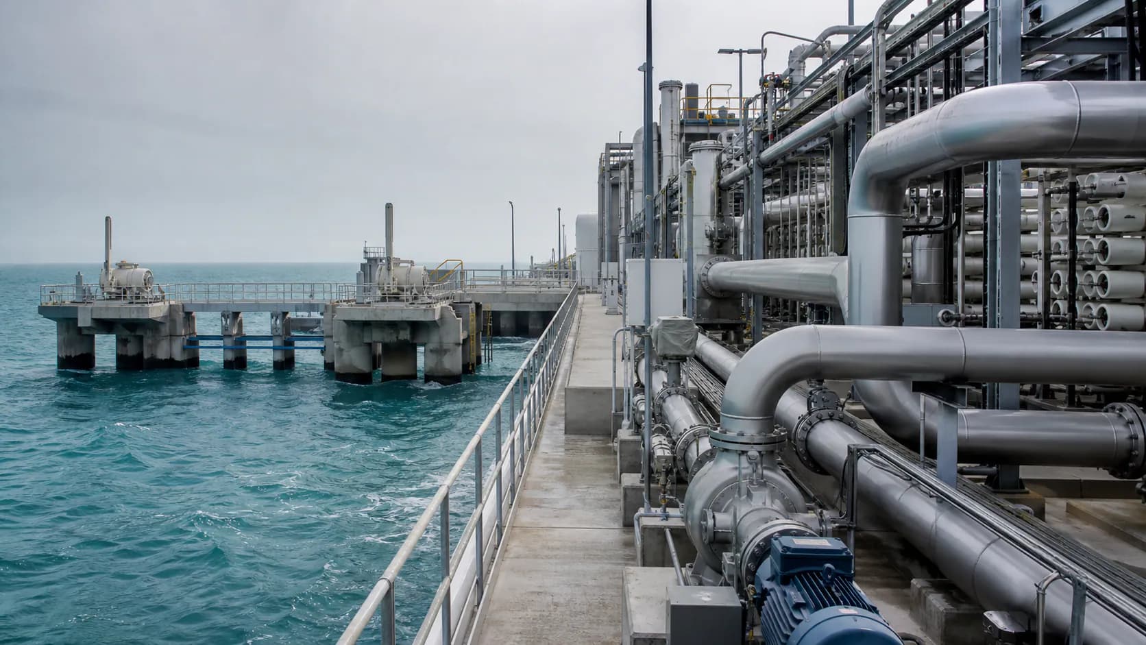 Illustrative Qatar coastal desalination process with stainless piping