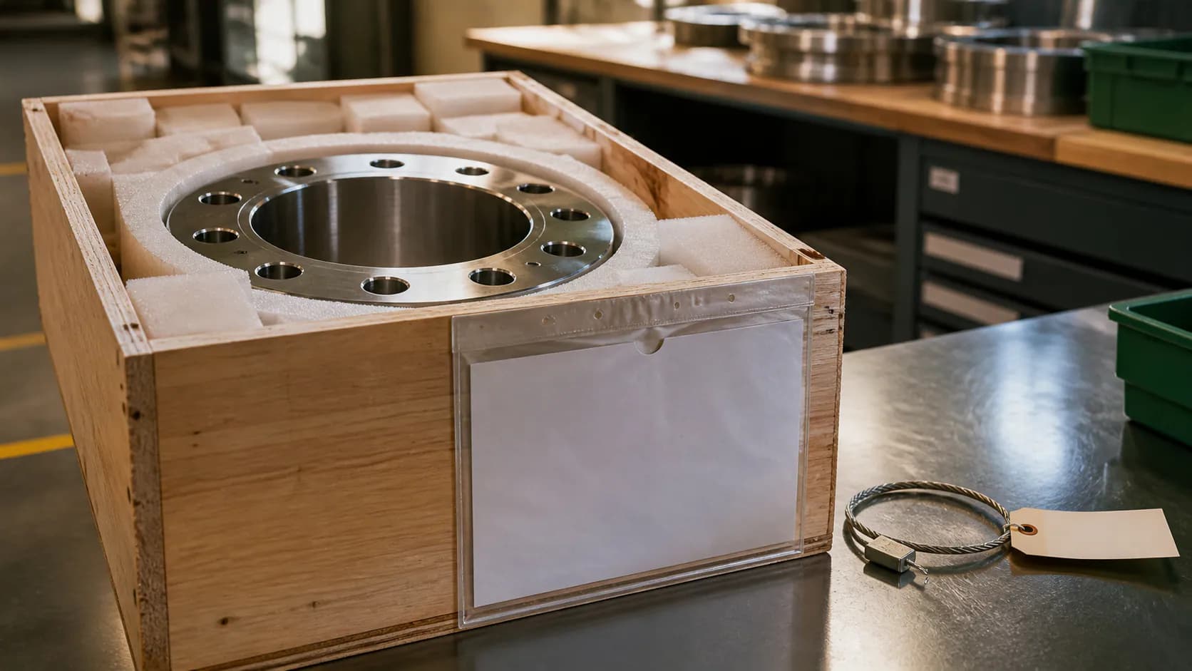 Illustrative alloy flange protected in a wooden crate with blank release documents