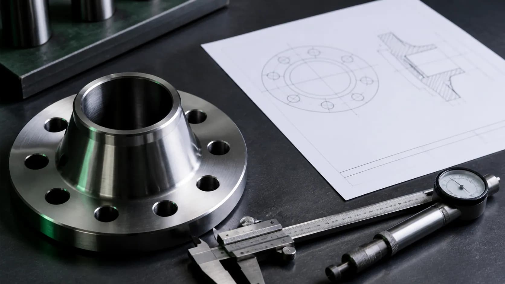 Illustrative alloy flange technical definition workspace with a drawing and dimensional tools