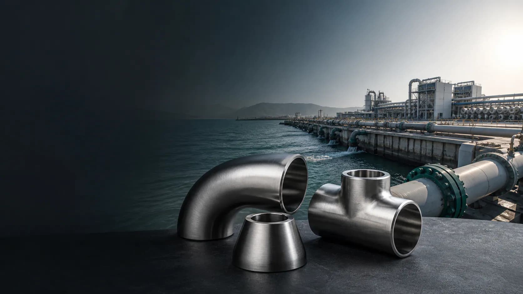 Illustrative Saudi coastal desalination facility with super duplex and stainless pipe fittings