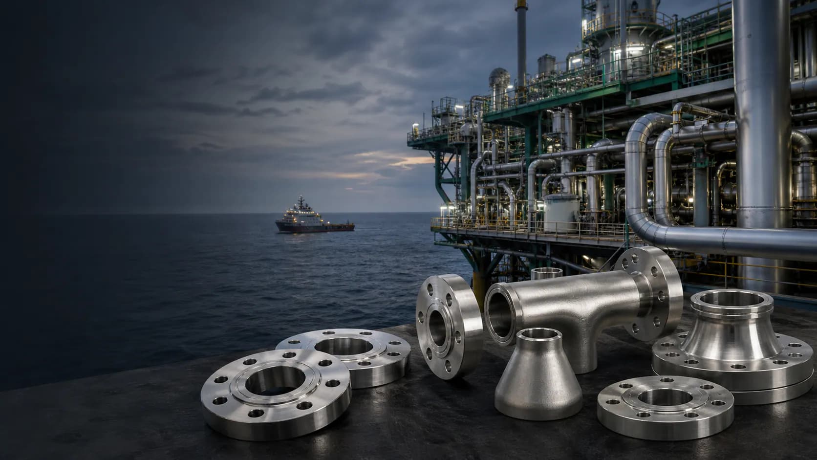 Illustrative Gulf offshore process platform with super duplex flanges and pipe fittings