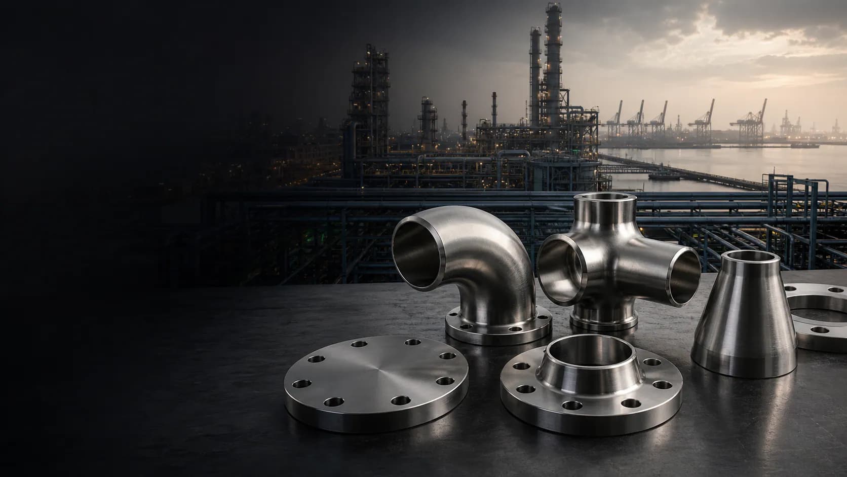 Illustrative Saudi coastal refinery and industrial port environment with stainless steel flanges and fittings